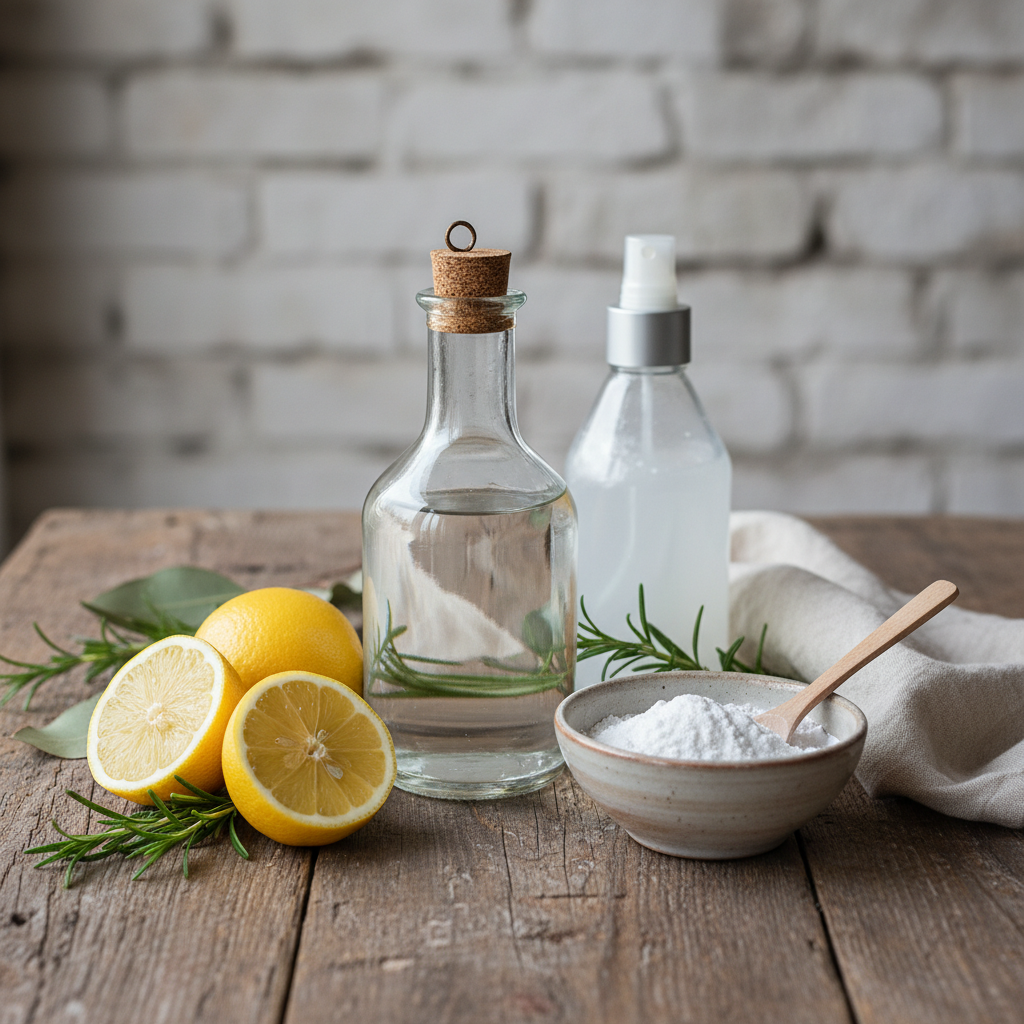 A professional, well-lit photo showcasing a collection of common natural remedies arranged on a clean, rustic wooden surface. Prominently featured are a clear glass bottle of white vinegar, a small bowl filled with baking soda, and several fresh lemon halves, perhaps with a small spray bottle or a cleaning cloth nearby. The composition should convey freshness, natural efficacy, and simplicity, emphasizing household items used for cleaning and odor neutralization. Soft, natural lighting creates an inviting and clean aesthetic.