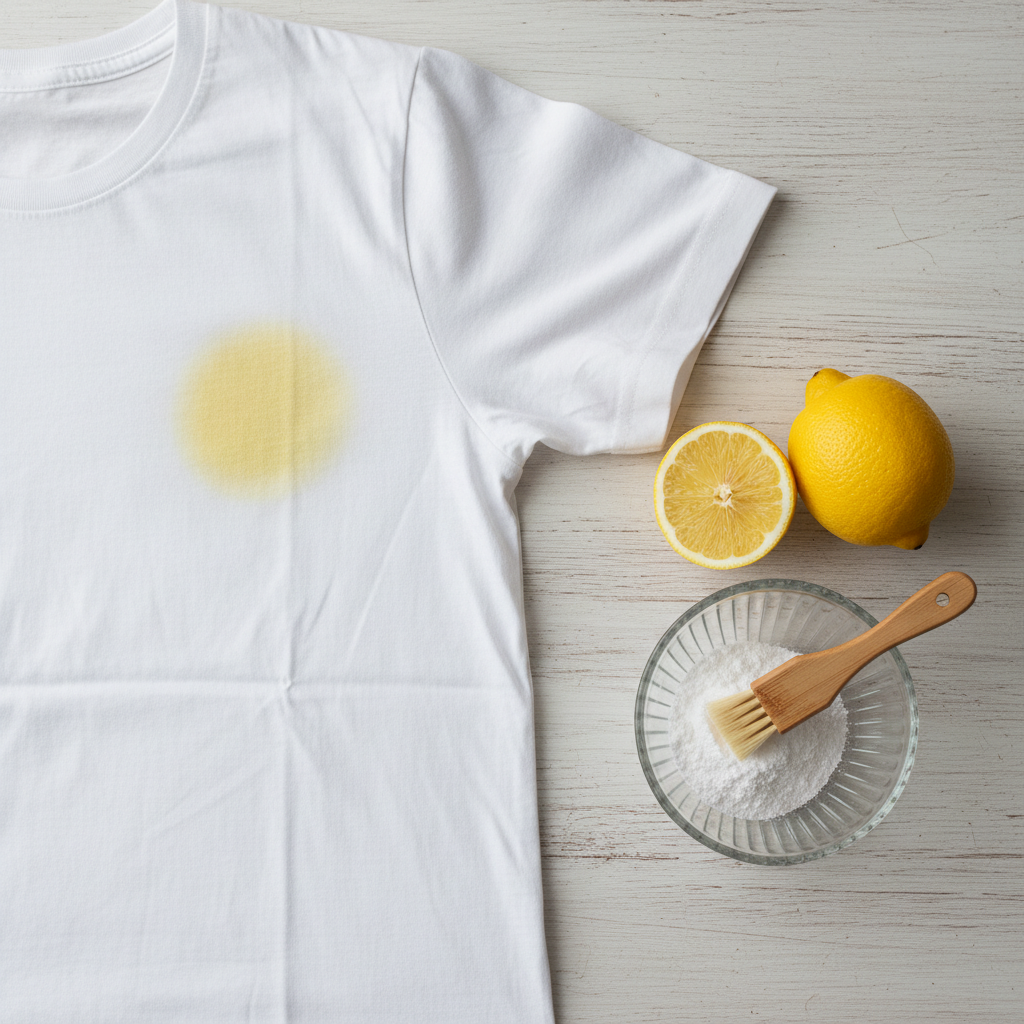 A professional flat lay photograph showcasing a clean white t-shirt with a noticeable yellow sweat stain in the underarm area. Positioned alongside the shirt, arrange a fresh lemon cut in half and a small, elegant glass bowl filled with white crystalline powder, representing citric acid. A small, natural-bristle brush or a dropper could be delicately placed, hinting at the application process. The background should be a minimalist, bright surface, like light wood or a white countertop, conveying a sense of cleanliness and natural remedies. The overall image should be crisp and inviting, highlighting the problem and a natural solution.