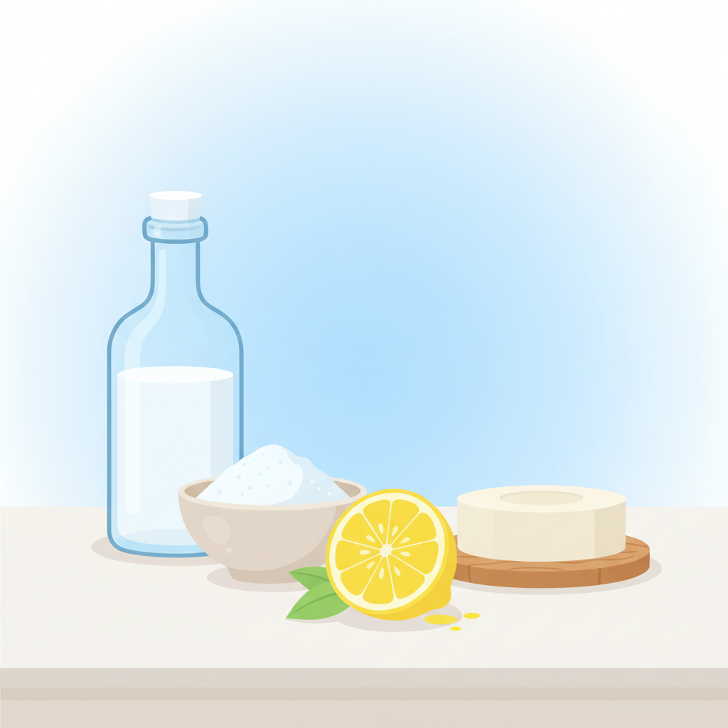 A vibrant, modern flat illustration depicting an array of common household items known for their stain-fighting properties, arranged aesthetically on a clean, light-colored surface. Include a clear bottle of white vinegar, a bowl of baking soda powder, a fresh lemon sliced in half, and a small, unassuming bar of cleaning soap. These items should be rendered in a clean, crisp vector style with soft shadows, making them easily recognizable. The overall color scheme should be bright and hopeful, using soft blues, whites, and yellows, suggesting effective and gentle cleaning solutions without harsh chemicals.