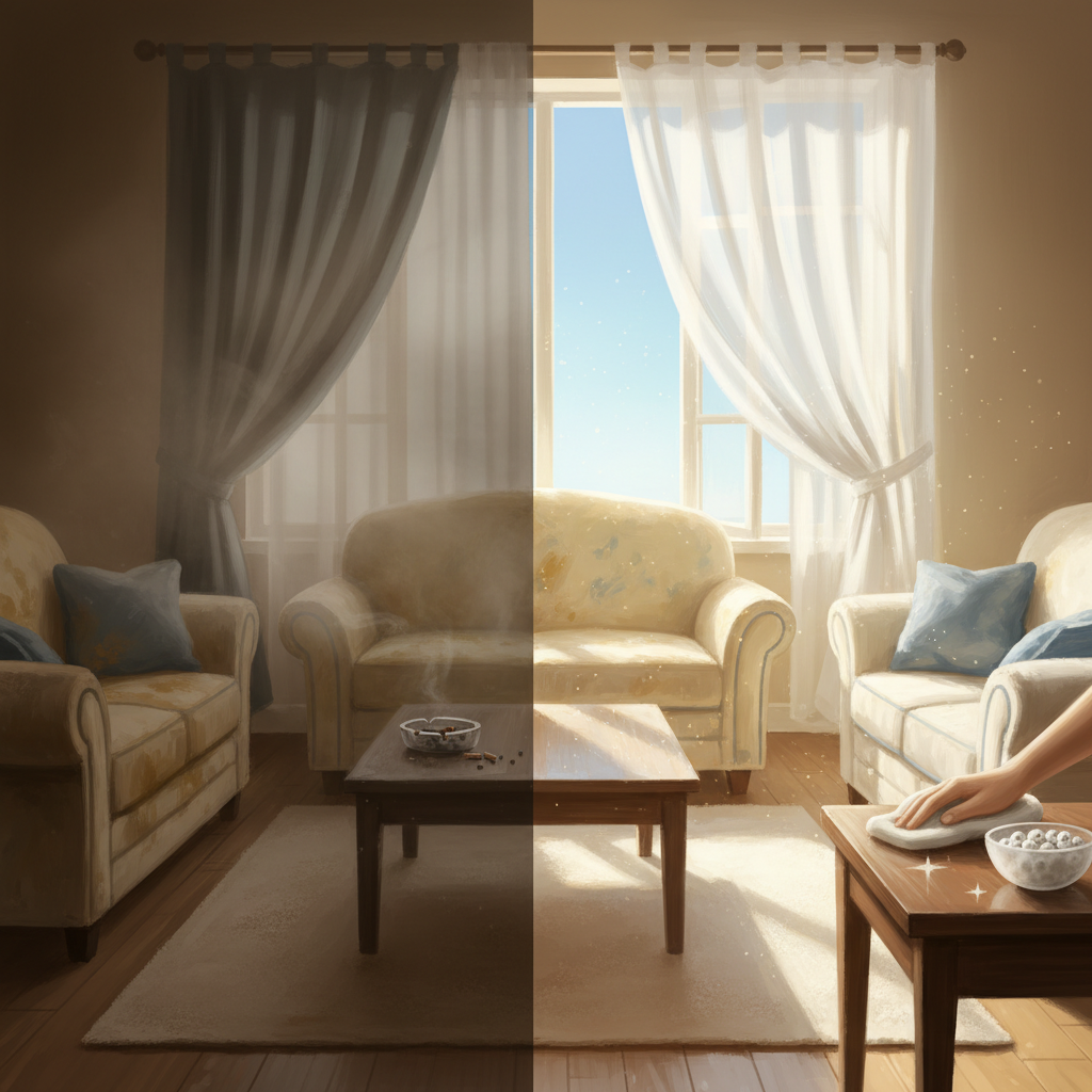 A cozy living room setting, half of it appearing smoky and stale with a subtle brownish tint, representing tobacco smell clinging to furniture and curtains. The other half should transition into a bright, fresh, and clean look, with an open window showing clear sky, a gentle breeze indicated by fluttering curtains, and sunlight streaming in. A hand is seen wiping a clean surface with a cloth, and a small, discreet bowl is placed on a table. The overall style should be a professional, warm-toned digital illustration, emphasizing cleanliness and fresh air.