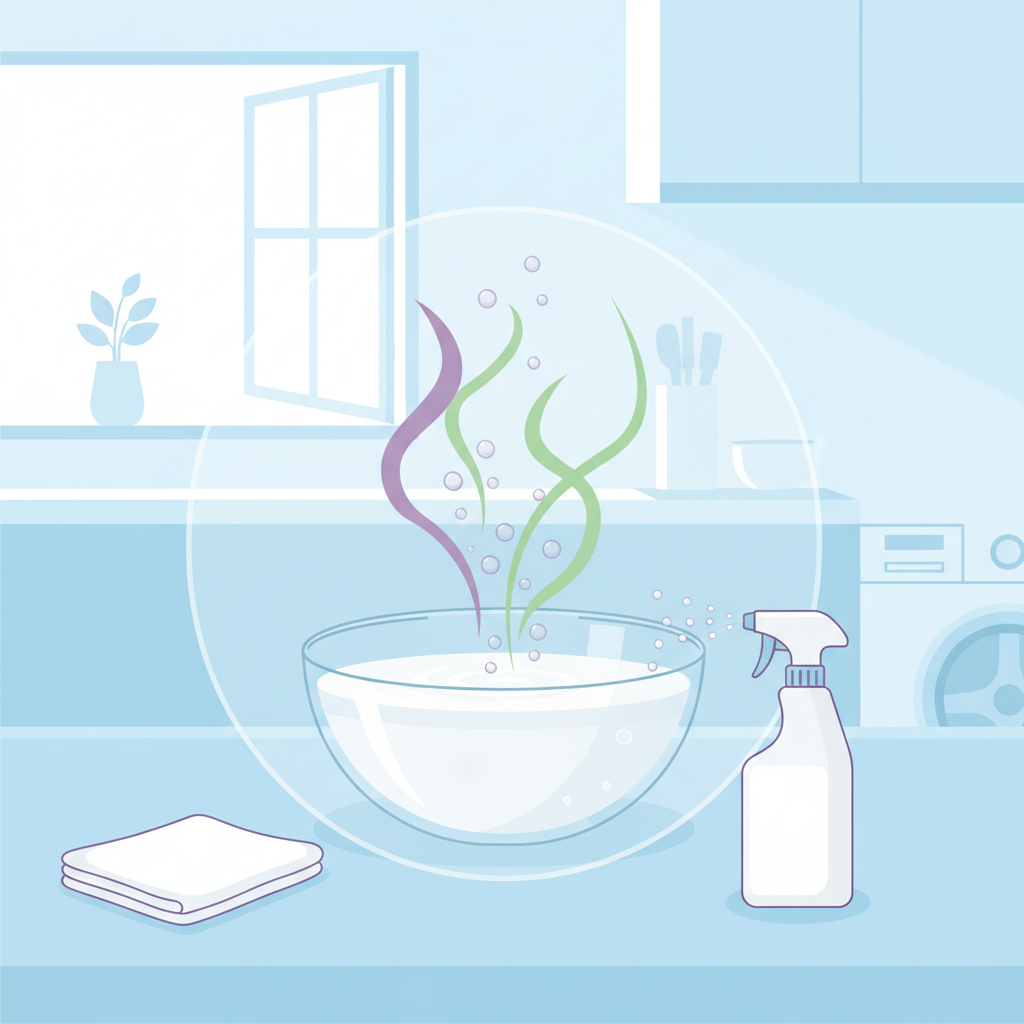 A vibrant, infographic-style illustration demonstrating the concept of odor neutralization. In the foreground, a clear glass bowl filled with white vinegar emits subtle, wavy lines or abstract 'smell particles' that visually dissipate or are absorbed as they interact with the vinegar. Surrounding the bowl, elements like a clean cloth, a spray bottle, and a washing machine icon (partially visible) could be subtly placed, hinting at different applications. The background is light and airy, suggesting a fresh home environment. The colors are clean and crisp, like an explanatory diagram.