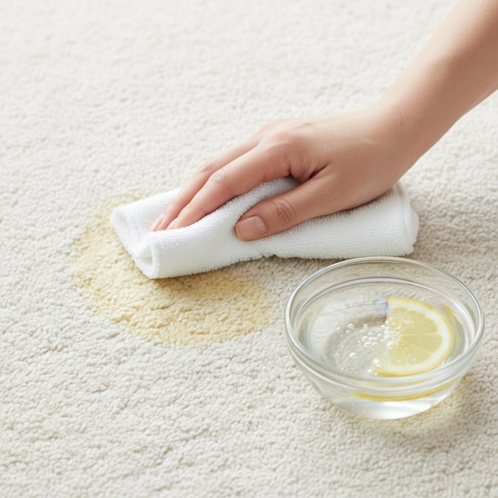 A close-up, high-quality professional photo showing a section of a light-colored carpet or upholstery. A subtle, light yellow stain is visible on the fabric. A hand, gently holding a soft cleaning cloth, is in the process of dabbing the stain. Next to the hand, a small, elegant glass bowl contains a clear, natural-looking cleaning liquid, perhaps with a few gentle bubbles or a subtle hint of citrus slices nearby, representing a home remedy. The overall scene should convey freshness and effective, gentle cleaning, with the stain appearing to diminish. The focus is on the action of cleaning and the visible improvement.