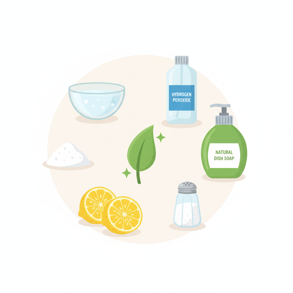A vibrant, clean flat illustration showcasing various natural cleaning ingredients commonly found in a household. Items like a bowl of white vinegar, a small mound of baking soda, lemon halves, a bottle representing hydrogen peroxide, a dish soap bottle, and a salt shaker are neatly arranged in an aesthetically pleasing composition on a plain surface. A subtle, stylized 'clean' or 'fresh' symbol, such as a sparkling starburst or a single green leaf, could be centrally placed, surrounded by the remedies. The image should convey the effectiveness and natural origin of these solutions for stain removal in a bright, inviting style.