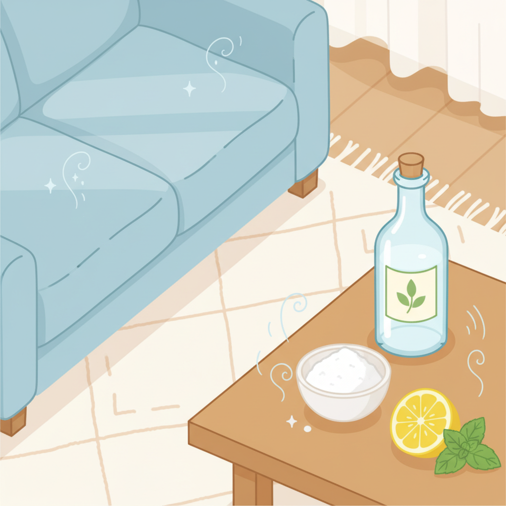A flat illustration depicting a clean, fresh-smelling home environment, subtly contrasted with a hint of a previously unpleasant odor. On one side, a clean floor or fabric (like a sofa corner or rug) with bright, airy colors. Next to it, visual elements representing natural cleaning solutions: a clear bottle of vinegar, a small bowl of white baking soda, and a fresh lemon slice. The overall scene should convey freshness and natural cleanliness, without any direct depiction of urine itself, but rather the absence of bad odor and the presence of natural remedies. Soft, inviting color palette.