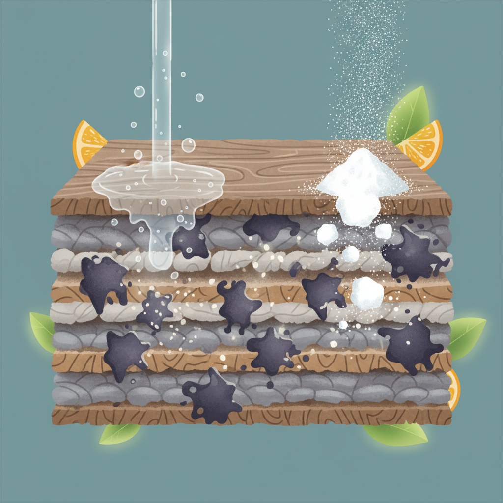 An infographic-style illustration demonstrating how natural remedies combat persistent odors. The scene features a magnified view of a porous surface (like a carpet fiber or wood grain) where stylized, dark, unpleasant 'odor molecules' are embedded. Various natural elements are shown interacting with these molecules: drops of clear liquid (representing vinegar or water-peroxide) dissolving them, and fine white powder (representing baking soda) absorbing them. The overall visual should clearly communicate the active, neutralizing effect of these natural ingredients on microscopic odor sources, highlighting their efficacy in breaking down rather than just covering up smells. Clean, scientific yet approachable aesthetic.