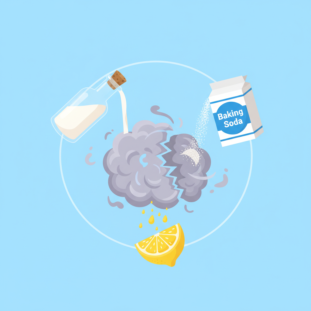 A vibrant, clean flat illustration depicting common household items known for odor neutralization. In the center, a stylized, abstract cloud of subtle purple or gray forms represents unpleasant odor, actively dissipating. Surrounding and interacting with this cloud are a bottle of white vinegar, a box of baking soda, and a fresh, sliced lemon. The vinegar is shown with a clear liquid pouring, the baking soda with white powder sprinkling, and the lemon with fresh droplets, all contributing to the cloud's dispersion. The overall composition is bright, cheerful, and informative, emphasizing the natural effectiveness of these remedies against odors.