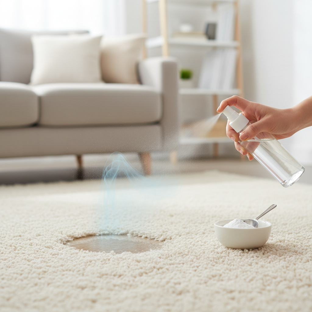 A professional, well-lit photo capturing a clean and inviting home interior, possibly a living room or a child's bedroom. In the foreground, a plush, light-colored carpet or upholstered furniture has a small, barely discernible damp spot. From this spot, a very subtle, transparent ripple or ethereal vapor (not an actual smell, but a visual cue for a problem) emanates. A hand is gently spraying a fine mist from a clear, unbranded spray bottle onto the affected area, suggesting immediate action. Next to the bottle, a small, plain container of white powder (representing baking soda) is subtly placed, ready for use. The image conveys a sense of quick, effective, and gentle problem-solving.