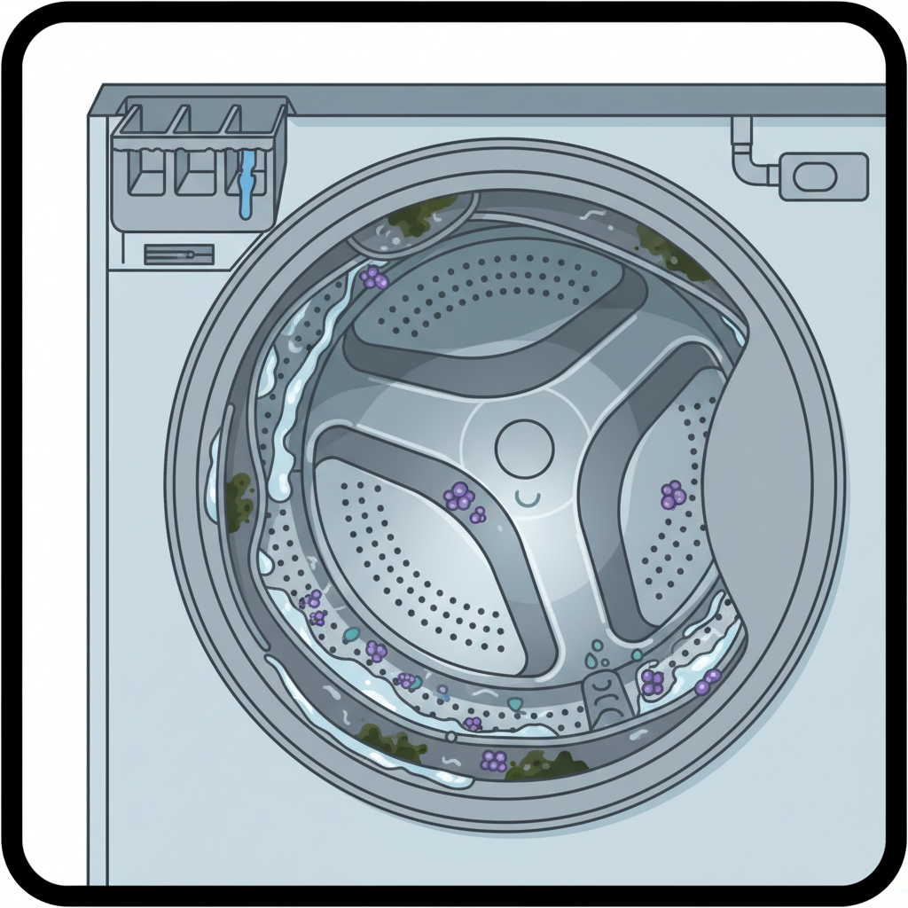 A detailed infographic-style illustration depicting a cross-section of a washing machine's interior. Focus on the drum, rubber seal, and detergent dispenser area. Within these parts, subtly illustrate the microscopic causes of odor: small, dark green mold patches clinging to the rubber seal, tiny purple bacterial clusters floating in residual moisture droplets, and a thin layer of white-grey soap scum residue visible on the drum's inner surface. The overall impression should be slightly murky and damp, clearly indicating an unclean environment. The style should be clean and diagrammatic, highlighting the hidden problem areas.