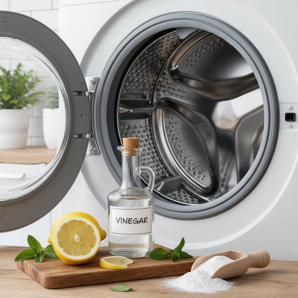 A vibrant and fresh professional photo showcasing a sparkling clean washing machine interior. The open drum appears pristine and slightly gleaming, suggesting hygiene and a fresh scent. In the foreground or artfully arranged nearby, feature elements representing natural cleaning solutions: a bright yellow lemon cut in half, a simple glass bottle containing clear vinegar, and a small pile of white baking soda powder. The overall atmosphere should be one of cleanliness, natural effectiveness, and a refreshing feeling, emphasizing the positive outcome of using home remedies. The lighting should be bright and inviting.