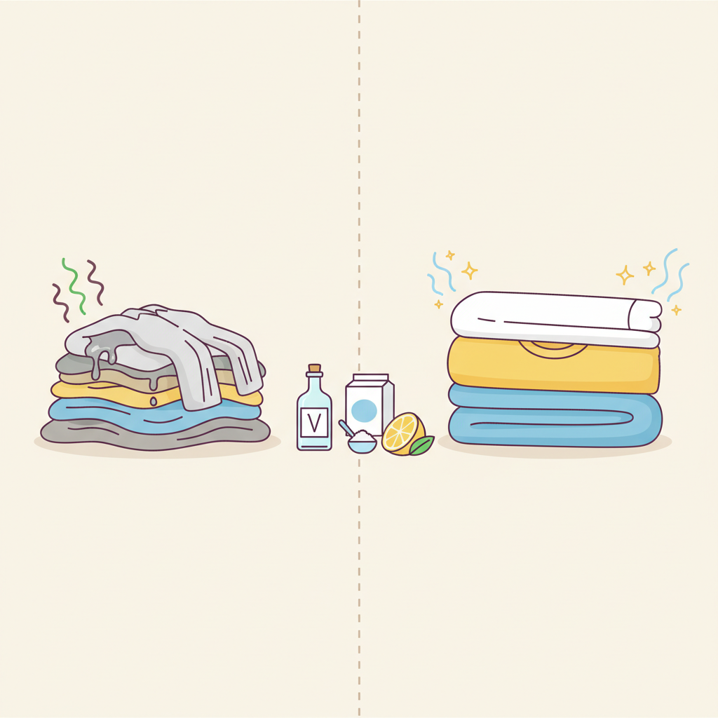 A vibrant flat illustration depicting a 'before and after' scenario for laundry. On one side, a pile of slightly damp, crumpled clothes emitting subtle, stylized 'stink' lines, perhaps a muted color palette suggesting dullness. On the other side, a neatly folded stack of bright, fresh laundry with visible 'fresh scent' lines or sparkle effects. Between them, small, clean icons of a bottle of vinegar, a box of baking soda, and a lemon slice, symbolizing the natural remedies. The overall style should be clean, appealing, and easy to understand at a glance, emphasizing freshness.