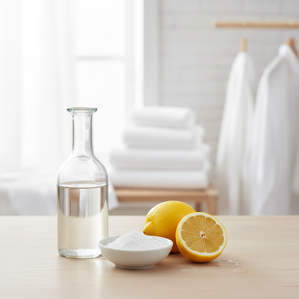 A clean and crisp professional photo in a still life composition, showcasing the key natural home remedies. In the foreground, a clear glass bottle of white vinegar, an open box or small bowl of baking soda, and a fresh lemon cut in half, elegantly arranged on a light, clean surface. In the background, slightly out of focus, hang or lie pristine, white, freshly laundered towels or clothes, conveying a sense of ultimate freshness and cleanliness. The lighting should be bright and natural, highlighting the simplicity and effectiveness of these everyday items.