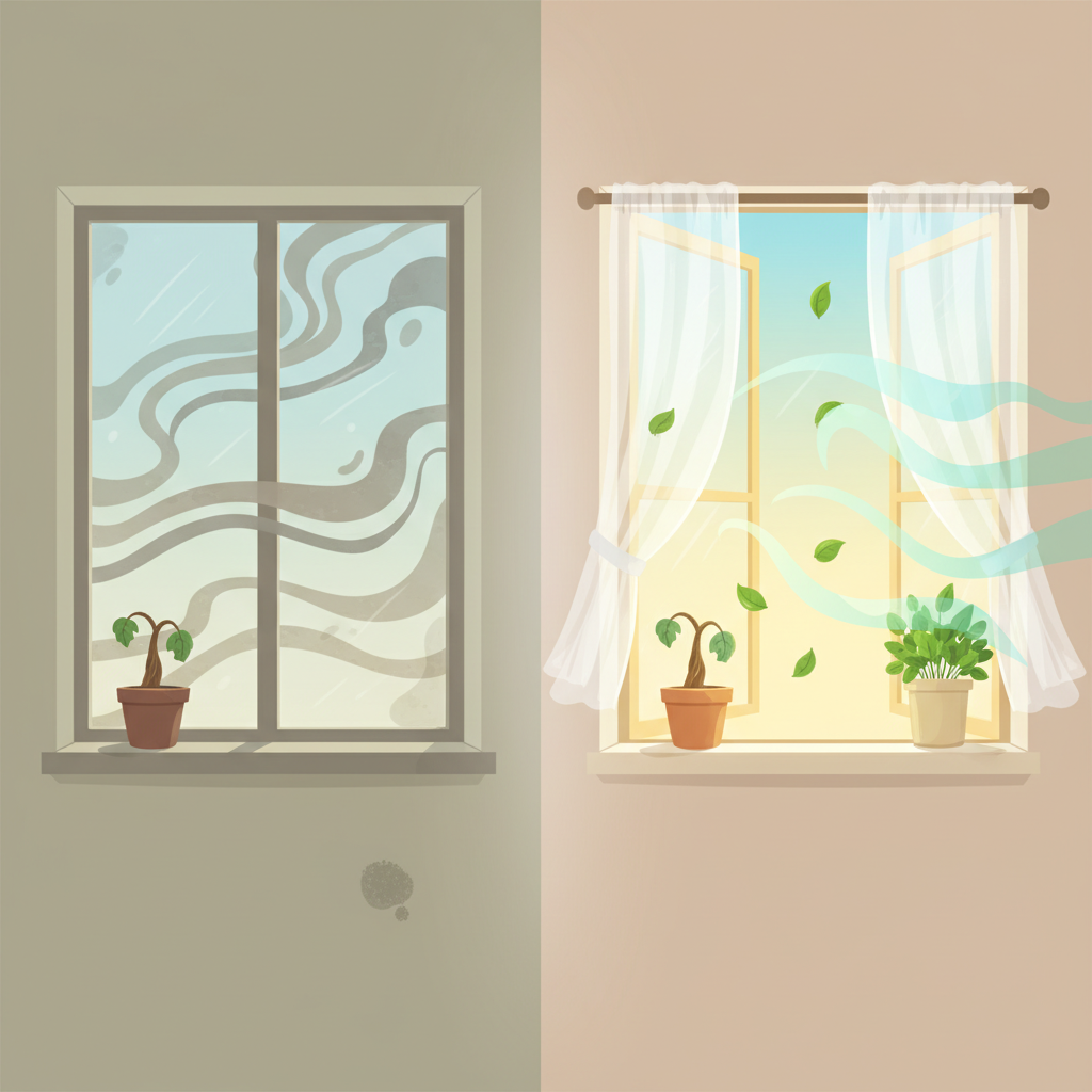 A vibrant flat illustration depicting a cozy room transforming from stale to fresh. On one side, a window is closed, and the air inside appears slightly murky with subtle, dark grey wavy lines indicating mustiness, perhaps a small, almost hidden damp patch on the wall. On the other side, the same window is wide open, with bright, clean air represented by light blue and green hues flowing in, carrying a few fresh green leaves. The overall scene should clearly contrast the heavy, stale atmosphere with the light, refreshing air of proper ventilation. Professional flat illustration style.
