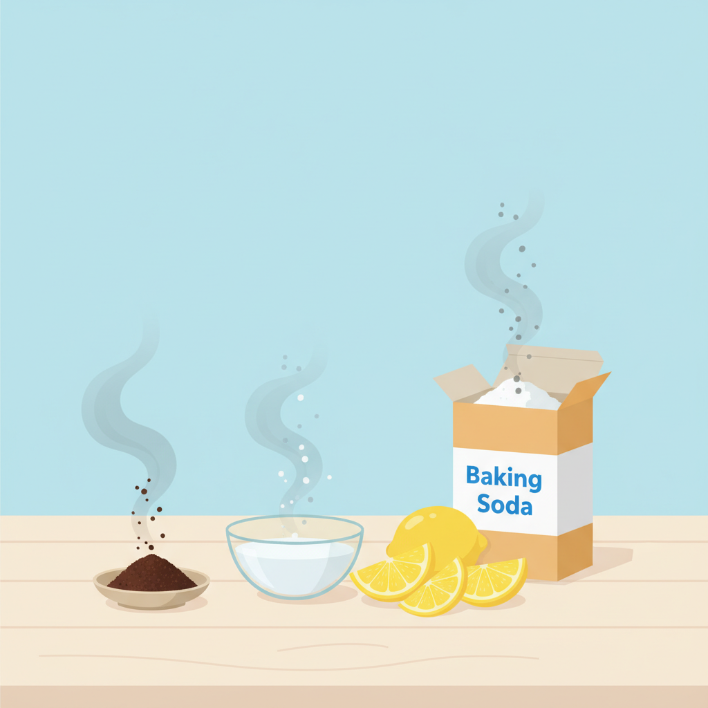A clean, minimalist flat illustration showcasing natural household remedies effectively neutralizing odors. A small, clear glass bowl filled with white vinegar sits prominently on a light wooden surface. Beside it, artfully arranged, are a few bright yellow lemon slices, an open box of baking soda, and a small dish of coffee grounds. Translucent, dark grey wisps representing unpleasant odors are depicted visibly dissipating and dissolving into the fresh air around these items, creating a visual sense of cleanliness and refreshment. The background is simple and bright. Clean, modern flat illustration style.