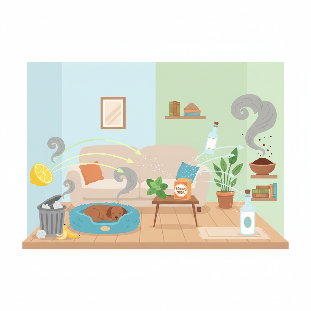 A vibrant flat illustration depicting a common home environment, perhaps a cross-section of a living space. Various subtle, stylized unpleasant odor clouds (e.g., grey, wavy lines) emanate from sources like a small trash can, a pet bed, and a dusty corner. These odor clouds are being actively 'pushed away' or neutralized by representations of natural remedies: a lemon half, a sprig of mint, a small open box of baking soda, a bowl of coffee grounds, and a bottle of white vinegar. The scene should convey a sense of transformation from stale to fresh, with a clean, inviting aesthetic.