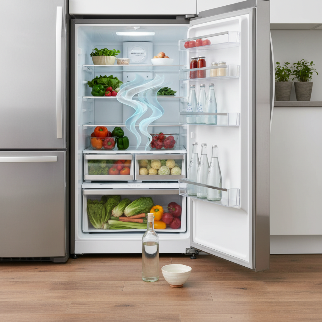 A clean, professional photo style image focusing on the interior of a modern, organized kitchen refrigerator, slightly ajar. A subtle visual representation of lingering bad odors (e.g., faint, almost translucent wavy lines in cool, muted tones) can be seen emanating from a shelf. Positioned prominently next to or slightly inside the fridge, a clear glass bottle of white vinegar and a small, elegant ceramic bowl containing a small amount of vinegar are shown. The overall composition should evoke a sense of cleanliness, effectiveness, and the powerful yet simple solution vinegar offers against odors.
