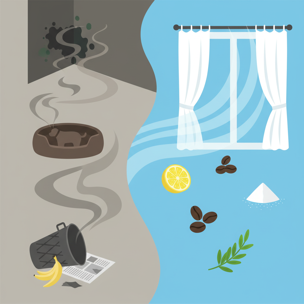 A vibrant flat illustration depicting a divided scene. On one side, subtle, swirling grey or brown odors emanate from various common household sources like a trash can, a pet area, and a dark, damp corner implying mold. On the other side, a bright, fresh breeze flows in through an open window, carrying stylized representations of natural deodorizers: a lemon slice, coffee beans, baking soda powder, and a sprig of fresh herbs. The overall impression is one of natural freshness overcoming unpleasantness, rendered in a clean, infographic-style.
