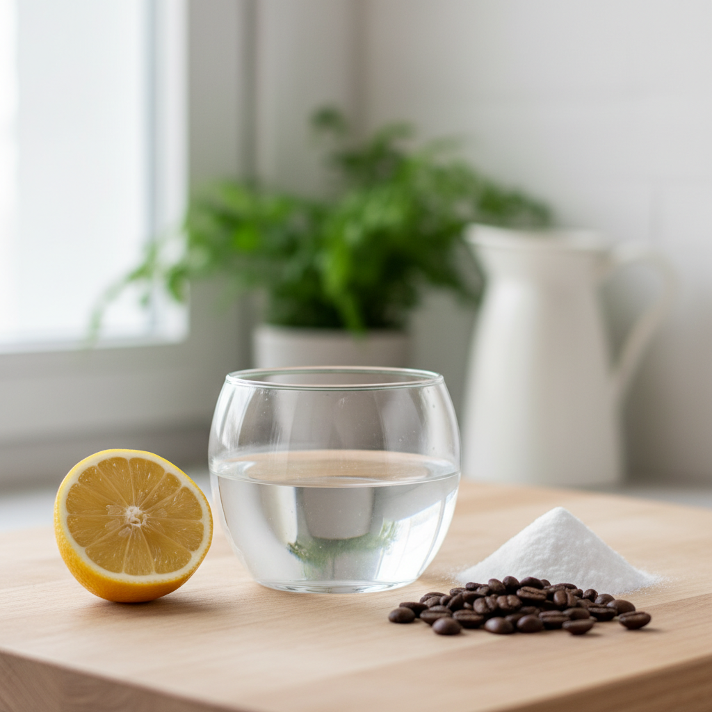 A professional photo from a slightly overhead angle, showcasing a simple yet elegant setup for odor neutralization. A clear glass bowl filled with a clear liquid (implying a vinegar-water mixture) sits on a light wooden table or countertop. Nearby, a half-cut lemon, a small pile of baking soda, and a handful of fresh coffee beans are neatly arranged, suggesting various natural remedies. The background is softly blurred, focusing on the foreground elements. The lighting is bright and natural, conveying a clean and fresh atmosphere.