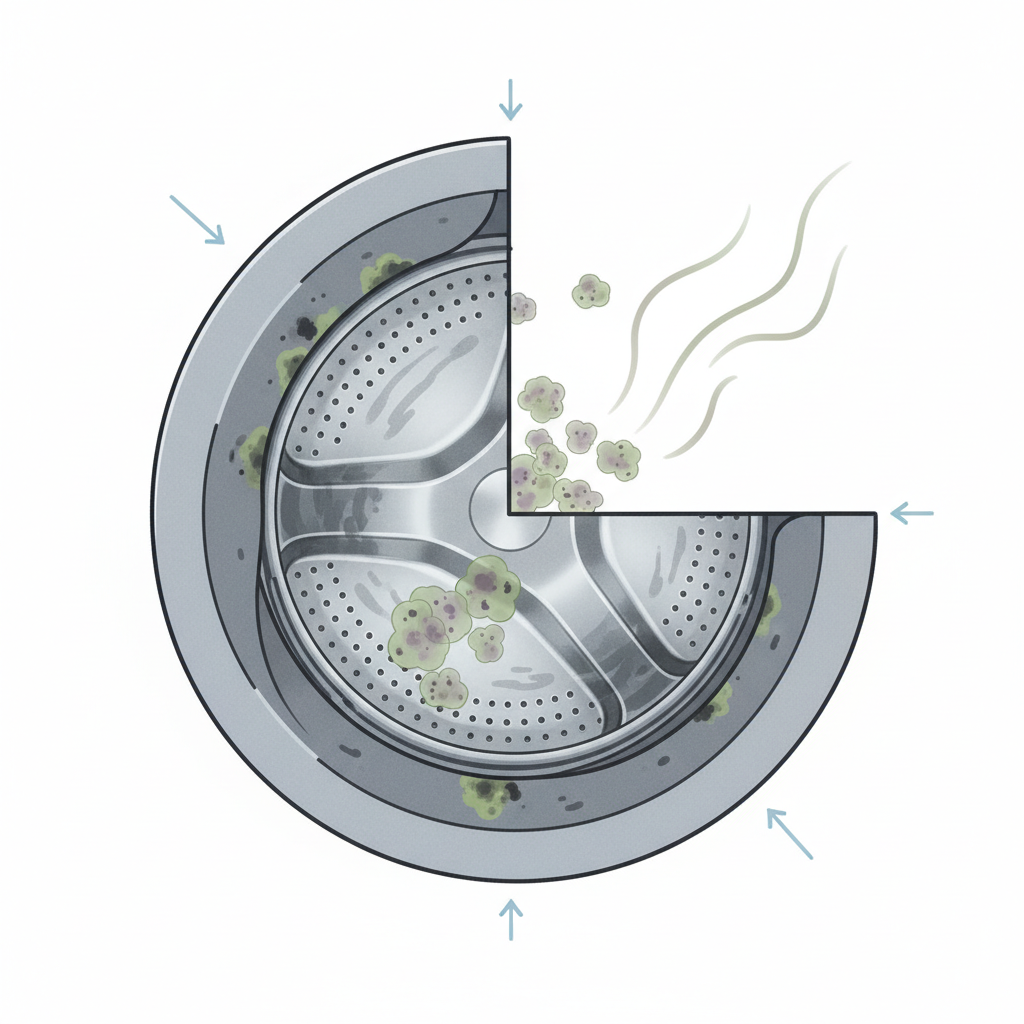 A detailed, cutaway illustration of a washing machine drum, focusing on the common areas where odor-causing elements accumulate. The interior of the drum appears slightly grimy, with a clear emphasis on the rubber door seal, which shows subtle green/black mold spots and small bacterial clusters represented by microscopic, cloud-like forms. Streaks of residue are visible on the drum's inner surface. Faint, wavy lines emanate from these problem areas, suggesting an unpleasant odor. The overall style should be a clean, technical infographic illustration with a modern, informative feel.