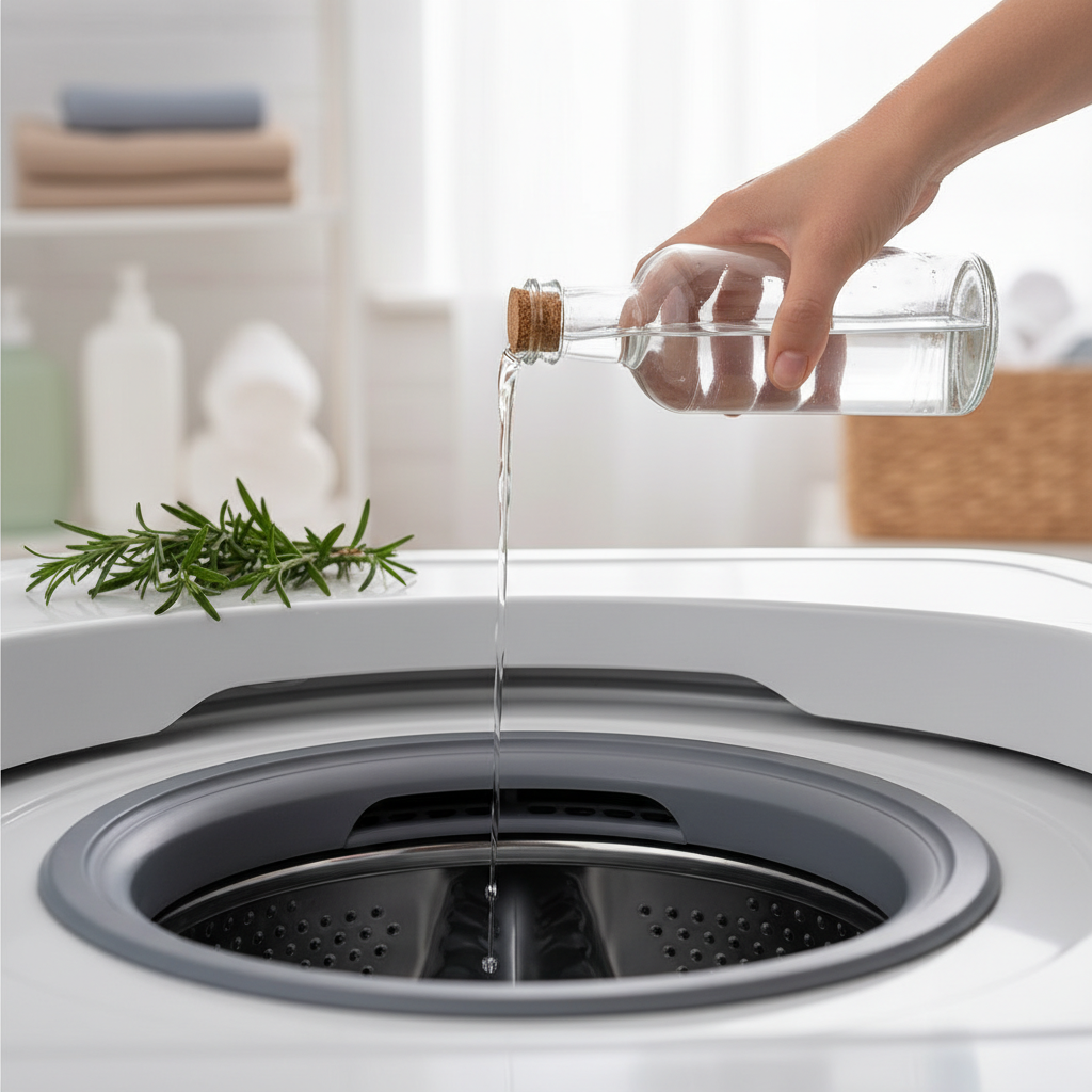 A professional, bright photograph focusing on a home cleaning solution. A clean, modern washing machine drum is open, gleaming. A human hand, positioned from the side, is gently pouring a clear liquid, representing vinegar, from a simple, unlabeled glass bottle directly into the washing machine drum. Nearby, a small bunch of fresh green leaves or a sprig of rosemary is placed on the machine's surface, symbolizing natural freshness and cleanliness. The background is a blurred, bright laundry room. The overall atmosphere should be fresh, clean, and optimistic, conveying effective home cleaning.
