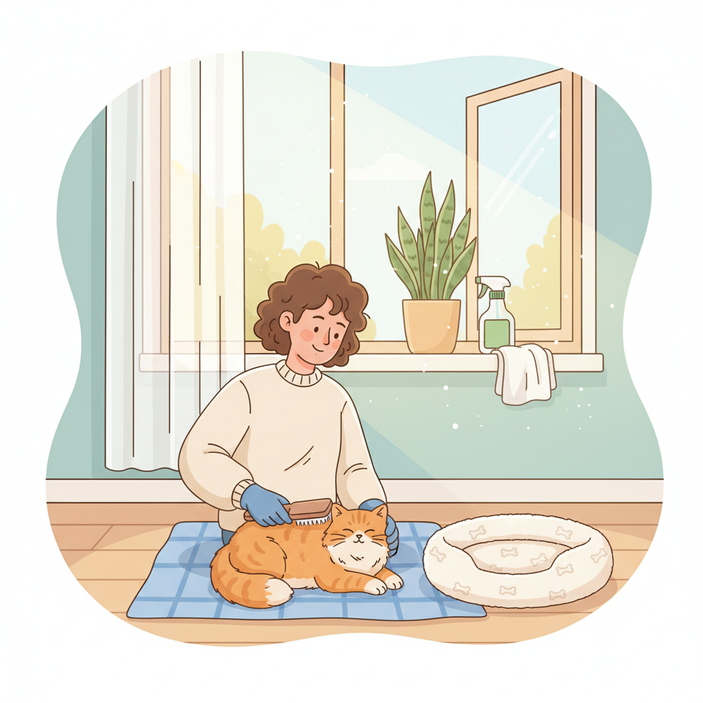 A vibrant, clean flat illustration depicting a cozy home environment infused with freshness. In the foreground, a content dog or cat is being gently brushed by an owner, highlighting regular grooming. Nearby, a freshly laundered pet bed or blanket is neatly placed. Subtle background elements include a partially open window letting in natural light, a potted plant suggesting air purification, and perhaps a spray bottle or cleaning cloth, symbolizing general home cleanliness. The overall scene should convey a sense of a well-maintained, odor-free pet-friendly space, emphasizing proactive care.