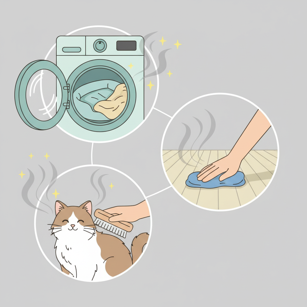 A clean, minimalist vector illustration showcasing multiple aspects of pet odor prevention in a home. The scene features a series of interconnected vignettes: a washing machine tumbling a pet's bed or blanket, symbolizing regular laundry; a hand holding a brush, grooming a pet's fur; and a clean floor being wiped down with a cloth, representing surface cleaning. Subtle, abstract visual cues like dissipating grey 'odor clouds' transforming into small, bright 'freshness sparks' could emanate from the cleaned items. The overall design should be clear and communicate effective strategies for maintaining a fresh home environment.