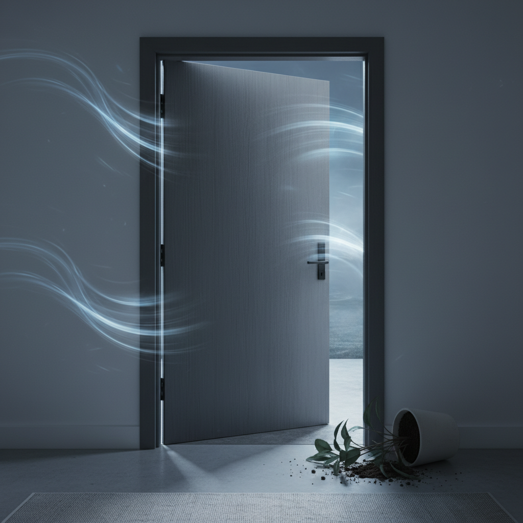 A professional photo showing the interior perspective of a modern front door. The door appears slightly ajar or subtly vibrating, with faint, dynamic lines indicating strong gusts of wind pushing against it from the outside. A subtle, cool light filters in through the slight gaps, conveying a sense of discomfort and disruption. The overall atmosphere should suggest the annoyance caused by a rattling door.