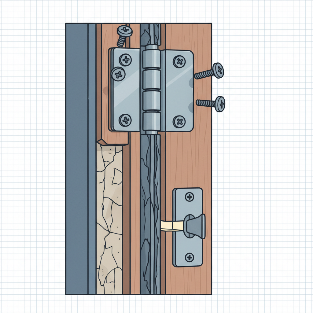 A detailed, technical illustration in an infographic style, depicting a cutaway view of a front door's side edge where it meets the frame. Clearly highlight three distinct problem areas: a hinge with visibly loosened screws, a section of cracked and worn-out weatherstripping along the door jamb, and a small, noticeable gap between the door and the strike plate area on the frame. Use subtle visual cues to emphasize these defects without any labels.