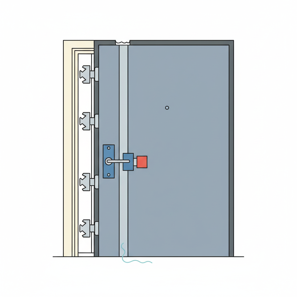 A clean, modern flat illustration showing a stylized cross-section of a front door and its surrounding frame. Artistically depict the key components: the door panel, the door frame, visible hinge mechanisms (without text), the lock mechanism within the door, and the weather seal running along the edge. Subtle visual indicators, like a thin wavy line for a draft or a slightly misaligned component, can hint at potential problem areas discussed in the article.