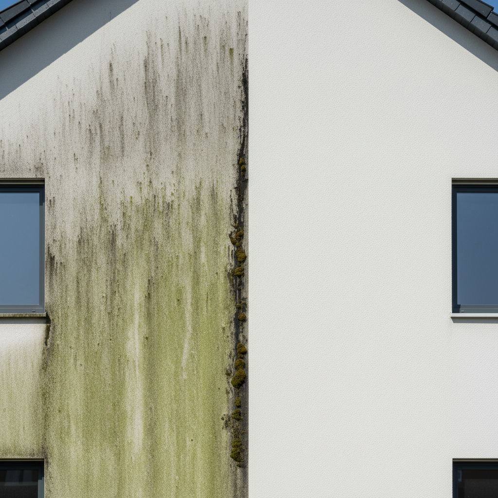 A professional photo of a modern house facade, clearly divided into two vertical sections. The left section is visibly covered in green algae, dark streaks of grime, and patches of moss, giving it a dull, unkempt appearance. The right section is sparkling clean, revealing the vibrant, original color and texture of the facade material (e.g., light grey stucco). The clean side should subtly reflect light, emphasizing its freshly restored look and the dramatic contrast with the dirty side, illustrating the impact of cleaning.