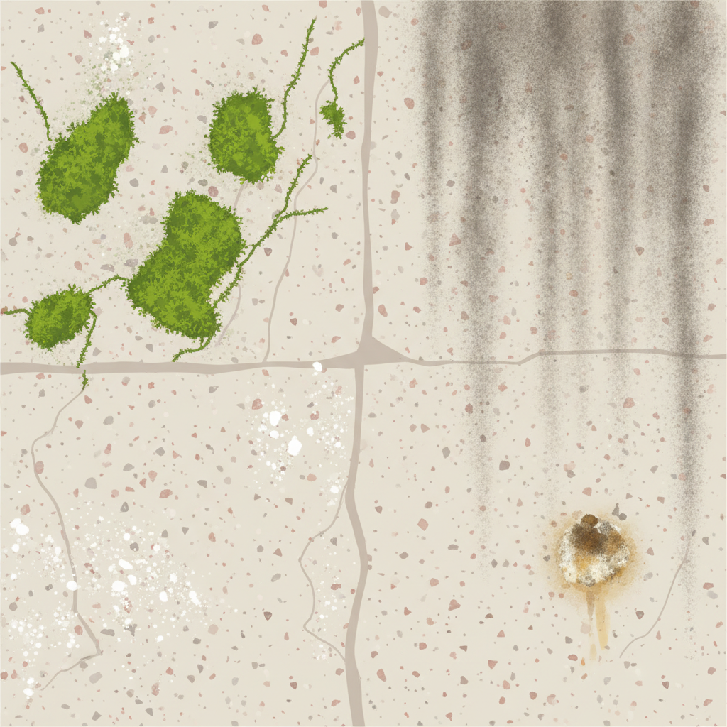 An infographic-style illustration depicting a close-up section of a generic house wall, possibly made of light-colored stucco or brick. The surface should be visually segmented into several distinct areas, each showcasing a common type of wall contamination. One area features green, fuzzy algae and moss patches. Another shows dark, dusty streaks of soot and grime. A third section displays small, white crystalline lime efflorescence, and a fourth exhibits a small, discolored patch representing bird droppings. The overall composition should be clean and informative, highlighting the different textures and colors of the various pollutants.
