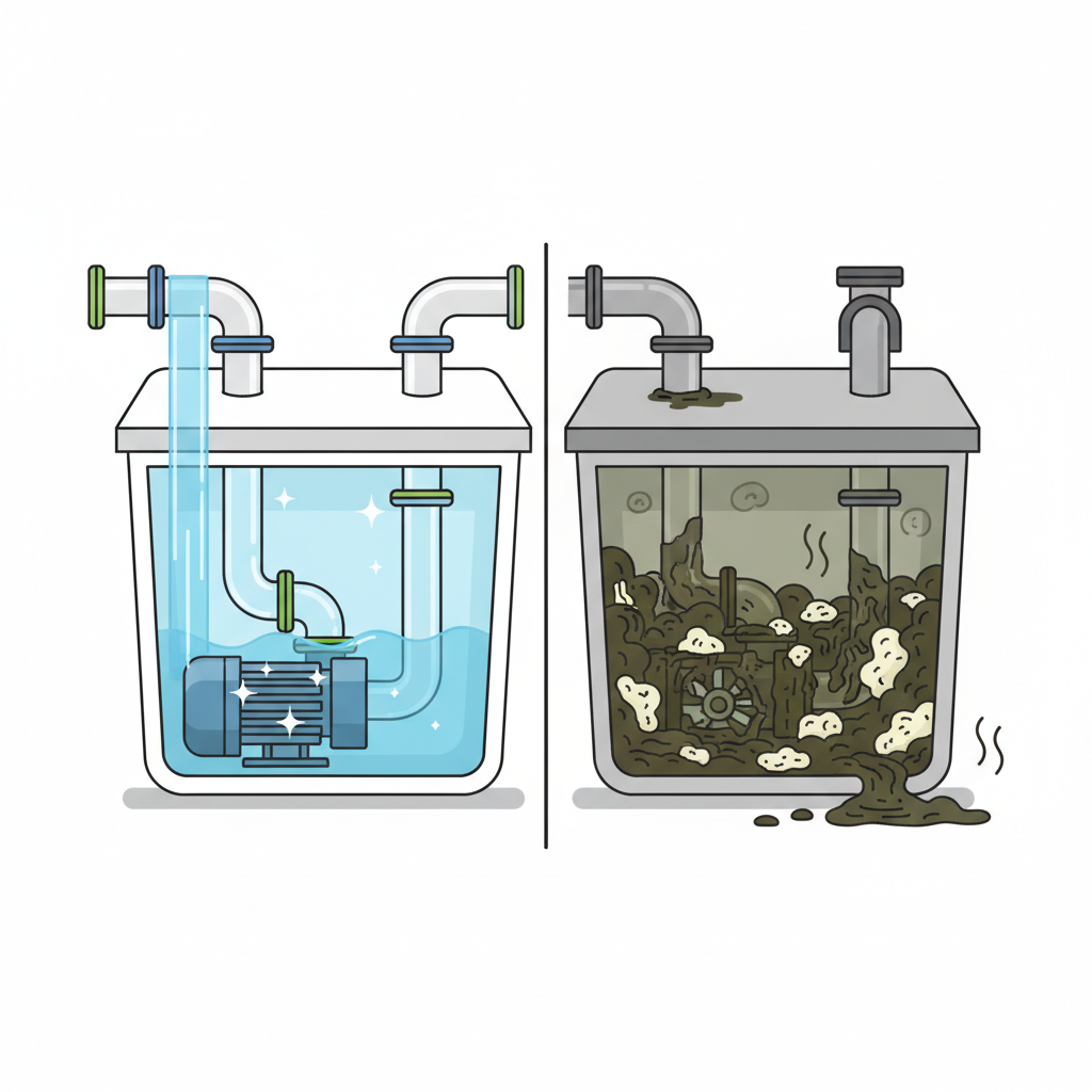 A vibrant, split-screen flat illustration contrasting a well-maintained Hebeanlage with a neglected one. The left side depicts a pristine Hebeanlage with clear water flowing smoothly, shining pipes, and an intact pump, symbolizing efficiency and proper function. The right side shows the same Hebeanlage heavily clogged with dark, viscous sludge, tangled hair, and grease accumulating inside the basin and around the pump impeller. A pipe might show a blockage or a small overflow, emphasizing the consequences of neglect like bad odors and potential damage. The overall impression should clearly communicate the importance of regular cleaning.