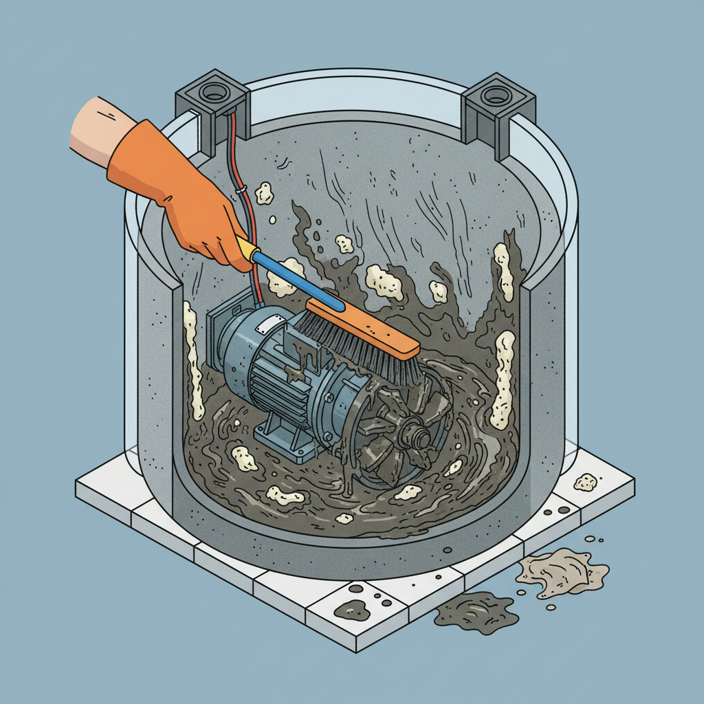 A detailed isometric illustration showcasing the internal components of a Hebeanlage undergoing a thorough cleaning. The view is cutaway, revealing the pump's impeller and the inside of the collection basin. A gloved hand is actively using a long-handled brush or a specialized cleaning tool to meticulously scrub away accumulated grime, dark sludge, hair, and solidified grease from the basin walls and the pump's mechanical parts. The removed debris is visible, highlighting the task of maintenance. The style should be clean and precise, emphasizing the act of thorough cleaning and revealing the hidden dirt.