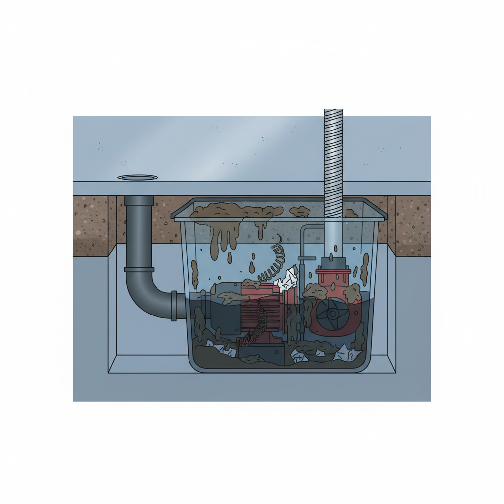A clear, professional cross-section infographic illustration of a basement floor with an integrated wastewater lifting station (Hebeanlage). Show dark grey wastewater flowing from a low-level drain pipe into a collection tank. Inside the tank, a pump is visible, connected to an outlet pipe leading upwards to a main sewer line. Crucially, depict accumulated sludge, grease, and various solid debris (like stylized hair clumps or paper bits) visibly clinging to the tank walls and partially obstructing the pump intake, indicating the need for cleaning. Use a clean, modern color palette with distinct layers for ground, water, and system components.