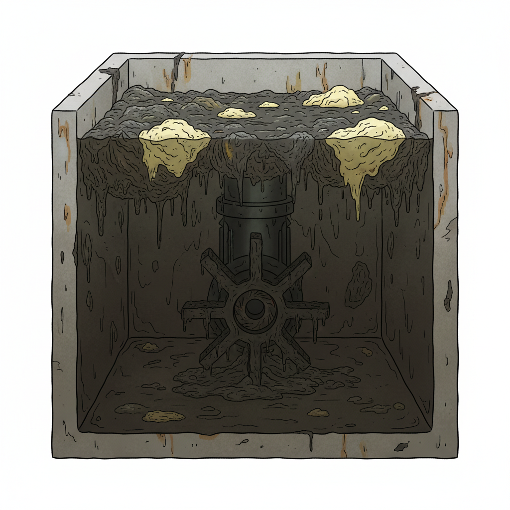 A detailed, close-up technical illustration, slightly stylized, showing the interior of a clogged and dirty lifting station tank. The scene focuses on the submerged pump impeller and the internal walls of the tank. Thick layers of dark, grimy sludge and sediment are visible on the tank's inner surface and around the pump components. Floating on the wastewater surface and entangled near the pump intake are stylized representations of hair, lint, and fat congealing, clearly illustrating the various types of waste that accumulate and cause blockages and odors. The color palette should emphasize the unpleasantness of the grime with muted, earthy tones contrasting with the dark water.