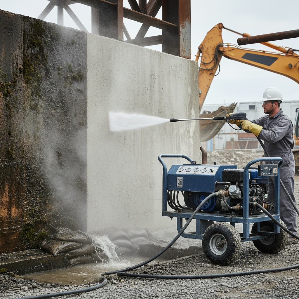 A dynamic, professional photo showcasing a modern hot water diesel pressure washer in action. The robust machine, possibly on wheels, is positioned on a construction site or industrial area, effectively cleaning a heavily soiled concrete wall or piece of large machinery. Intense hot steam and high-pressure water are visibly blasting away thick layers of grime, revealing a clean surface underneath. Emphasize the power and effectiveness of the hot water and high pressure, with a sense of robust industrial capability and professional use. The setting should convey a challenging cleaning environment.