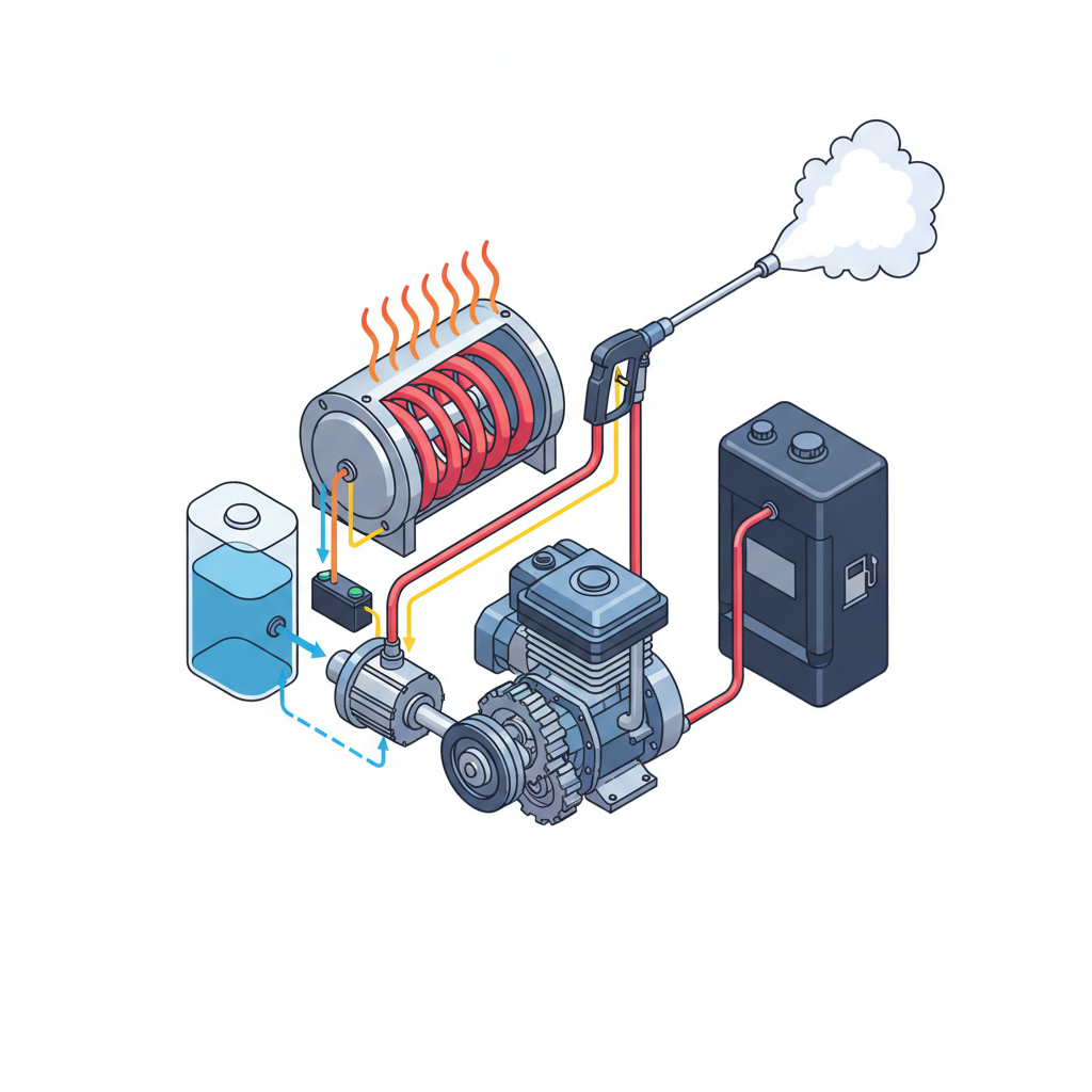 A clean, detailed isometric technical illustration in an infographic style depicting the internal components of a hot water diesel pressure washer. The image should feature an exploded view or a clear cutaway, visually separating and highlighting key elements such as the diesel engine, high-pressure pump, heating boiler, water tank, and fuel tank. Use subtle visual cues like heat waves emanating from the boiler, water flow lines, and power indicators to illustrate their function and connection. The aesthetic should be professional and informative, clearly explaining the machine's structure.