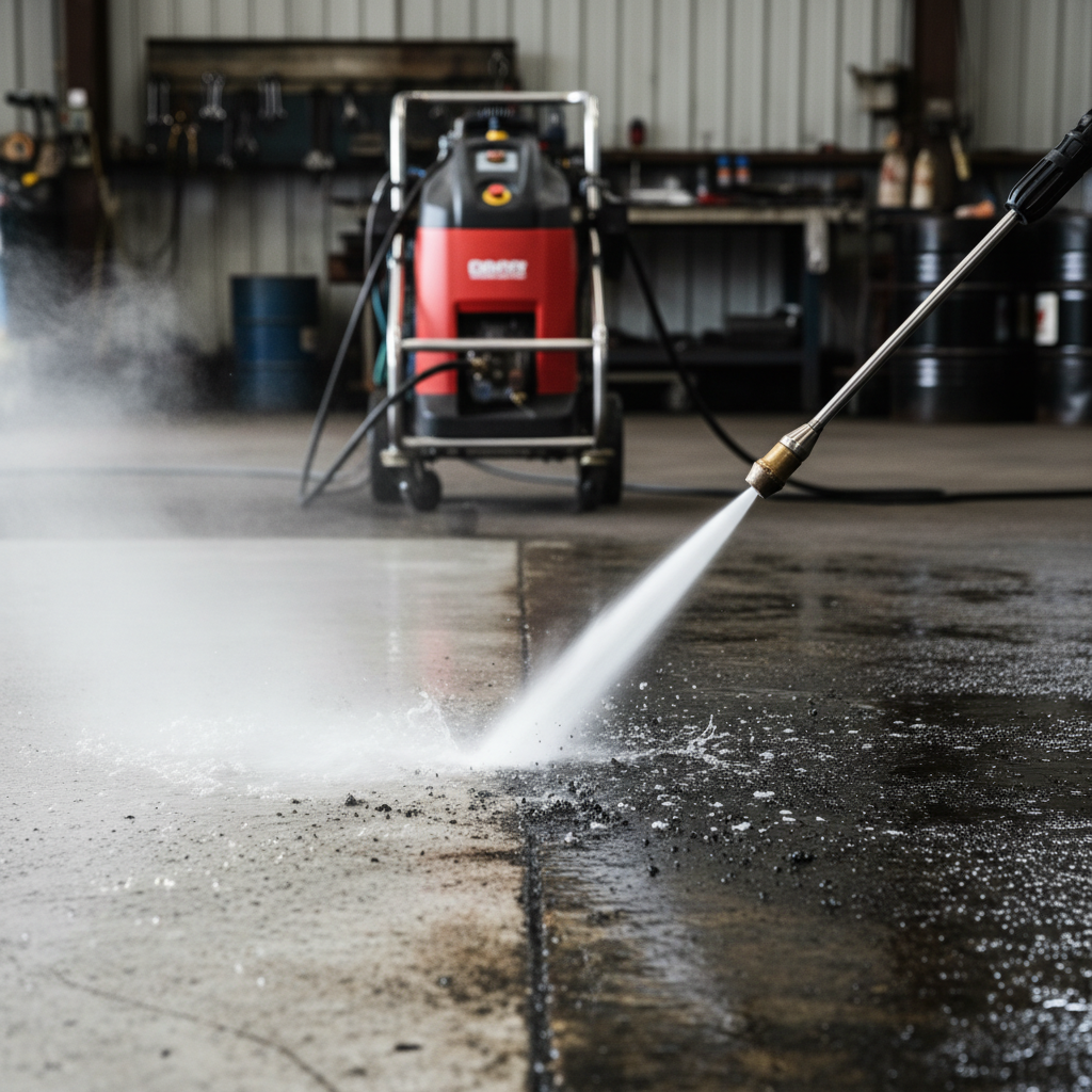 A professional photo or realistic digital painting depicting a powerful hot water pressure washer in action. The scene shows a section of a greasy, oil-stained workshop floor or industrial kitchen surface being cleaned. A focused stream of hot water and steam emanates from the nozzle, actively dissolving and blasting away thick grime. One side of the image clearly displays the sparkling clean concrete/tile, while the other side is still visibly covered in stubborn, dark residues, highlighting the machine's superior cleaning effectiveness. The machine itself is robust and modern.