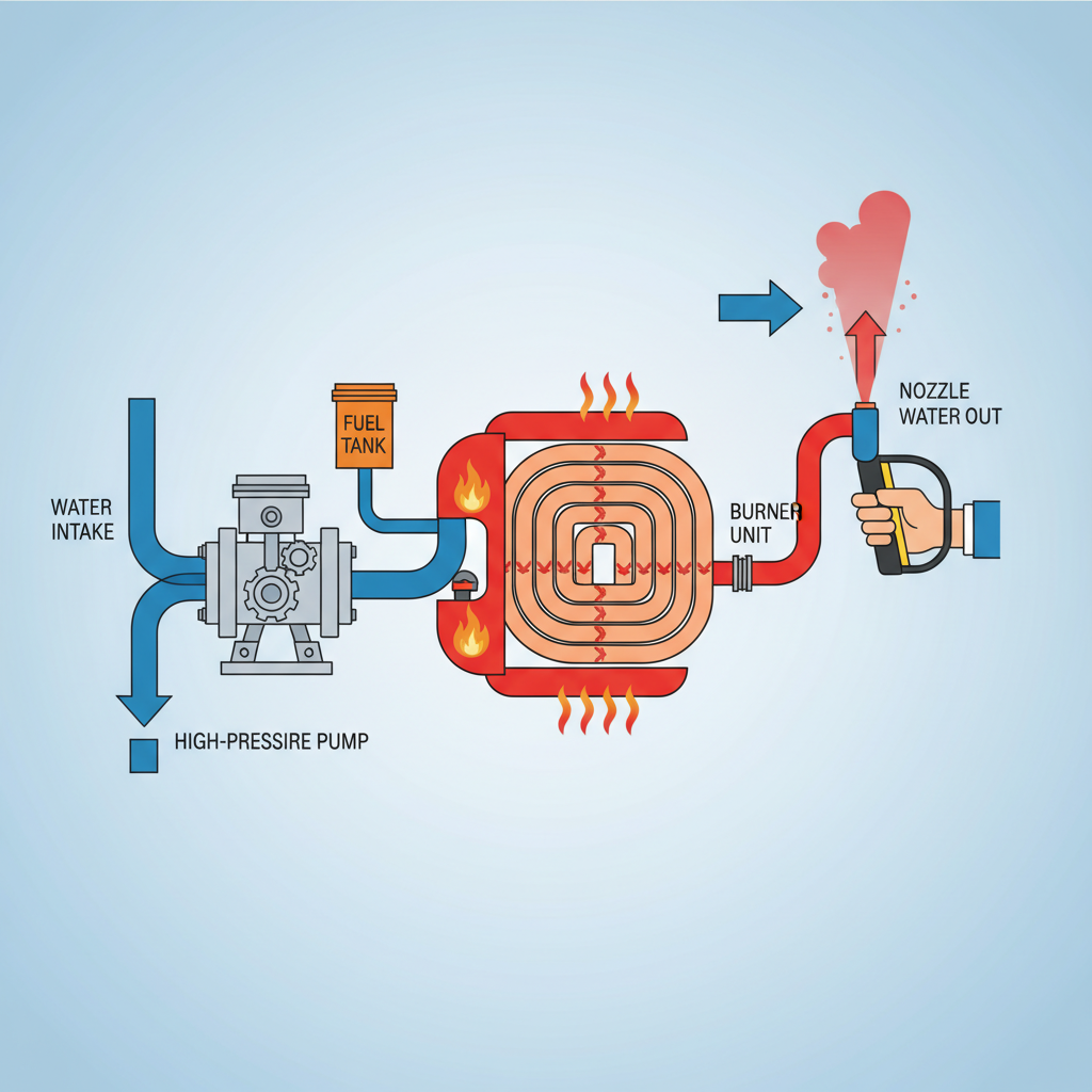 A clean, infographic-style illustration depicting the internal workings of a hot water pressure washer. The diagram should clearly show the path of water: entering from a source, moving through a high-pressure pump, then flowing into a coiled heat exchanger. A distinct burner unit, fueled by an external source, is shown generating heat around the heat exchanger, warming the water. Arrows indicate the water's flow from intake, through the pump, into the heated coil, and finally exiting as a hot, high-pressure stream from a nozzle. Use a transparent overlay effect to show internal components.