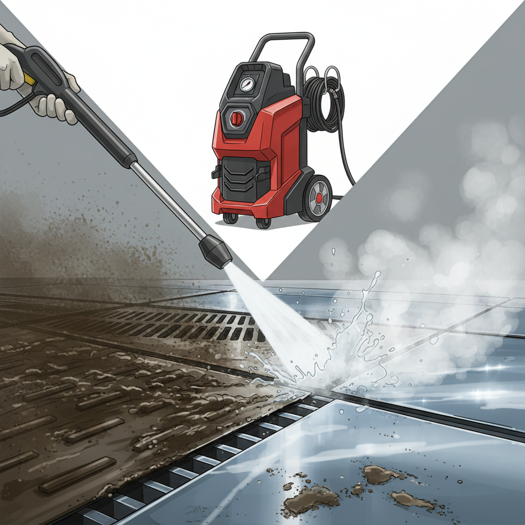 A dynamic, professional illustration depicting a hot water pressure washer in action. The scene shows a section of a heavily soiled industrial floor or machine engine part. On one side, the surface is visibly covered in thick grease, oil, and grime. On the other side, recently cleaned by the high-pressure stream, the surface is sparkling clean. A high-pressure lance emits a visible plume of steam and hot water, powerfully stripping away the dirt. The pressure washer unit itself is visible in the background, robust and modern. Focus on the contrast and the effectiveness of the hot water.