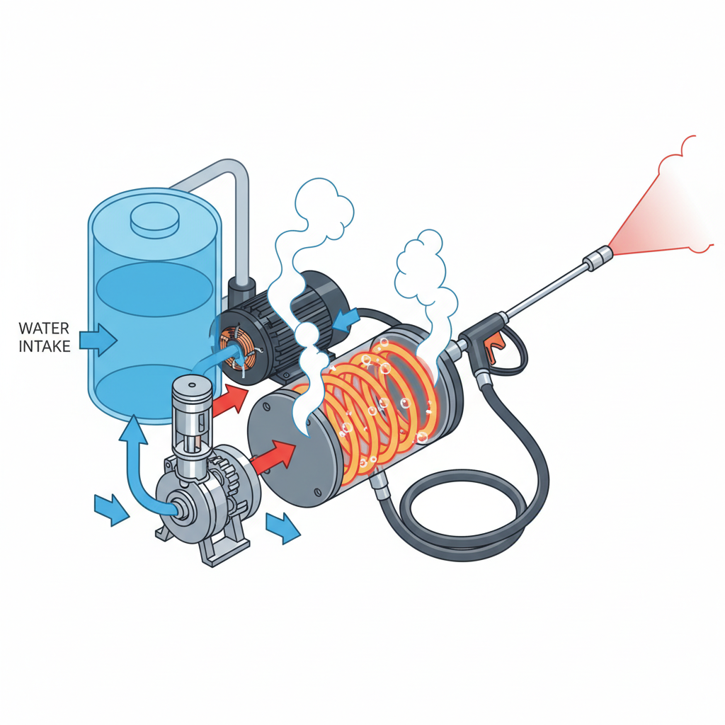 A detailed, infographic-style cutaway illustration of a hot water pressure washer. The diagram reveals the internal components: a prominent water tank, a powerful pump, a heating coil/boiler, and a motor. Arrows subtly indicate the flow of water, entering the tank, moving through the pump, then into the heating element where it changes color or texture to suggest heating, and finally exiting through a high-pressure hose and nozzle. Visual cues like subtle steam swirls around the heating element emphasize the hot water process. The overall aesthetic is clean, technical, and easy to understand.