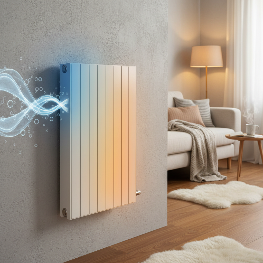 A professional photo of a modern radiator in a home setting. The top left section of the radiator appears visibly cooler, depicted with a subtle blueish tint, while the rest glows with warmth. Abstract, shimmering sound waves or bubbles subtly emanate from the cooler section, hinting at gurgling noises. The overall atmosphere suggests inefficiency and a comfort issue, contrasting with a cozy room background.