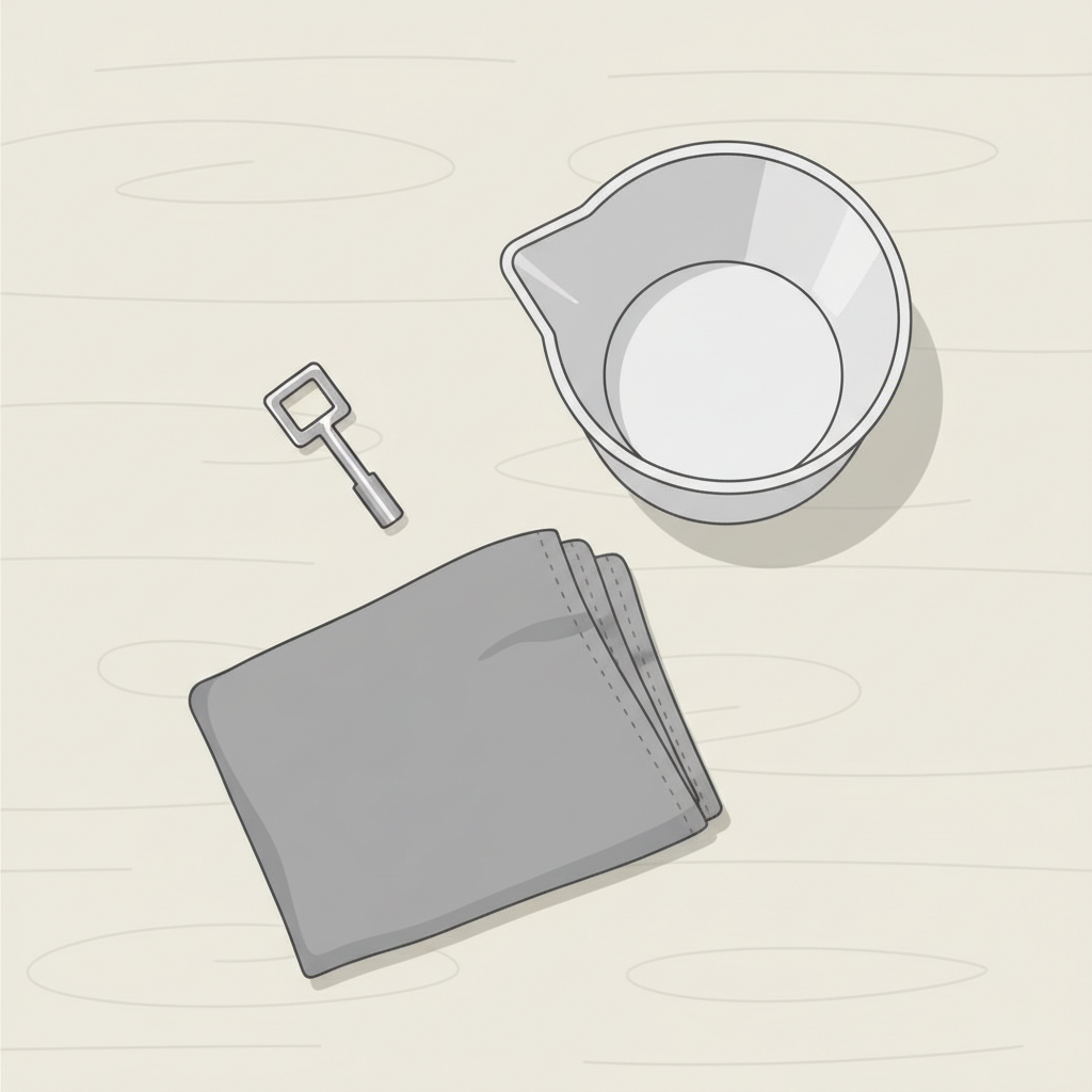 A clean, professional flat lay illustration showcasing the essential tools for bleeding a radiator. Neatly arranged on a light, neutral surface are a small, metallic radiator key, a compact plastic bowl or cup positioned to catch liquid, and a soft, absorbent cloth. The composition emphasizes simplicity and readiness, with clean lines and adequate spacing between items.
