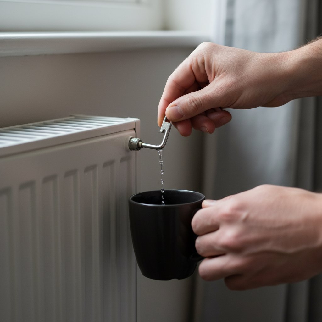 A close-up, practical photo from a slightly low angle, showing hands carefully operating a radiator bleed valve. A metallic radiator key is inserted into the valve. A tiny, thin stream of water, clearly visible with small, escaping air bubbles, is just starting to flow from the valve into a small, dark cup held beneath it. The focus is on the precise action and the visual evidence of air release.