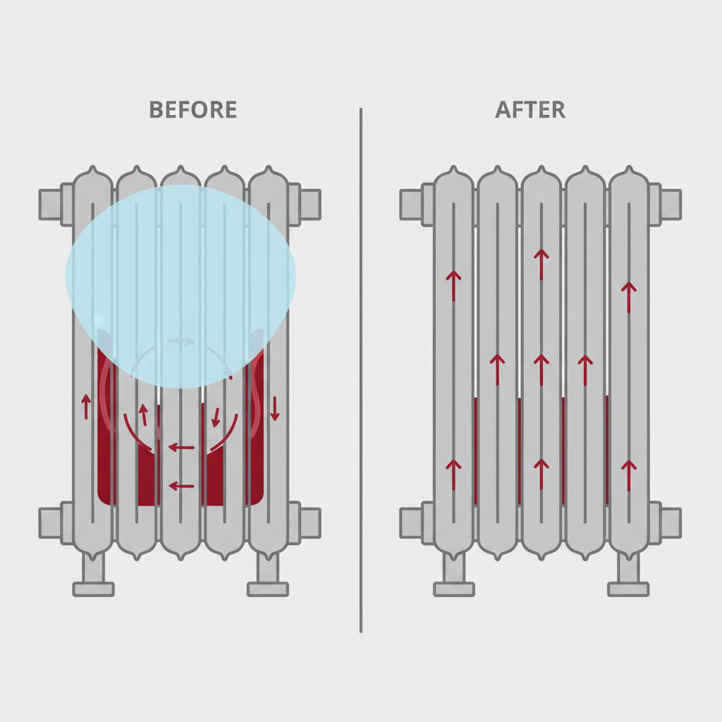 An infographic-style illustration presenting a cross-section of a typical radiator in a 'before and after' comparison. On the 'before' side, a significant pocket of cool, light blue air is trapped at the top, preventing the warm, red water from circulating fully. On the 'after' side, the air pocket is gone, and the warm red water flows freely and evenly throughout the entire radiator, demonstrating efficient heat distribution.