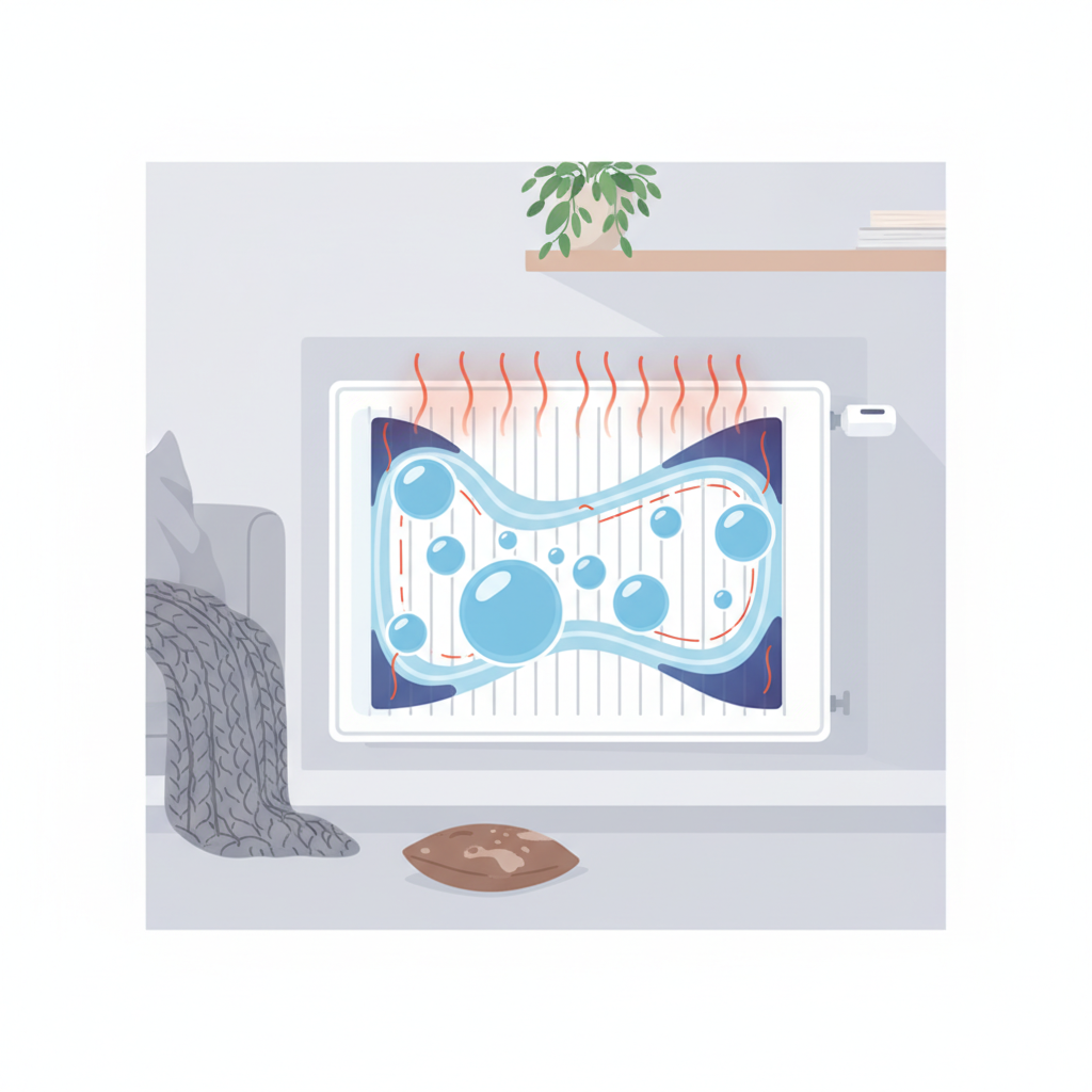 A detailed cross-section of a modern white radiator, integrated into a cozy living room scene. Inside the radiator, stylized, large air bubbles are clearly visible, disrupting the natural flow of warm blue water. Heat lines emanate unevenly, showing areas of diminished warmth. The overall impression is one of inefficiency and annoyance. Flat illustration style with a clean, approachable aesthetic, suitable for a technical explanation.