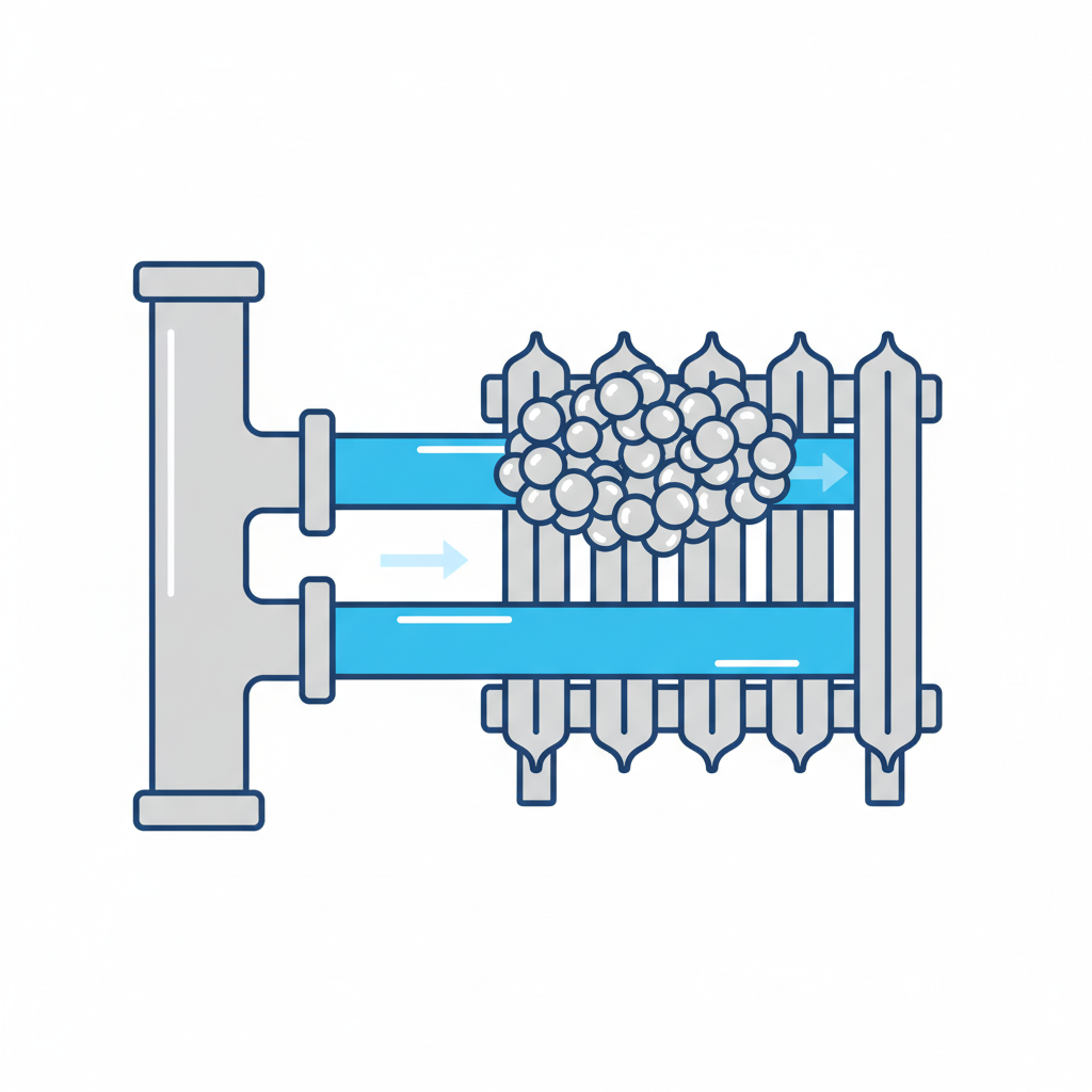 An infographic-style illustration depicting a simplified heating system. Show a main pipe branching off to a radiator. In one section of the pipe leading to the radiator, a significant cluster of grey air bubbles is trapped, creating a visual impedance to the blue water flow. In contrast, another parallel section of pipe shows smooth, unobstructed water flow. Use a clean, diagrammatic visual style with clear distinctions between water and air, highlighting the blockage.