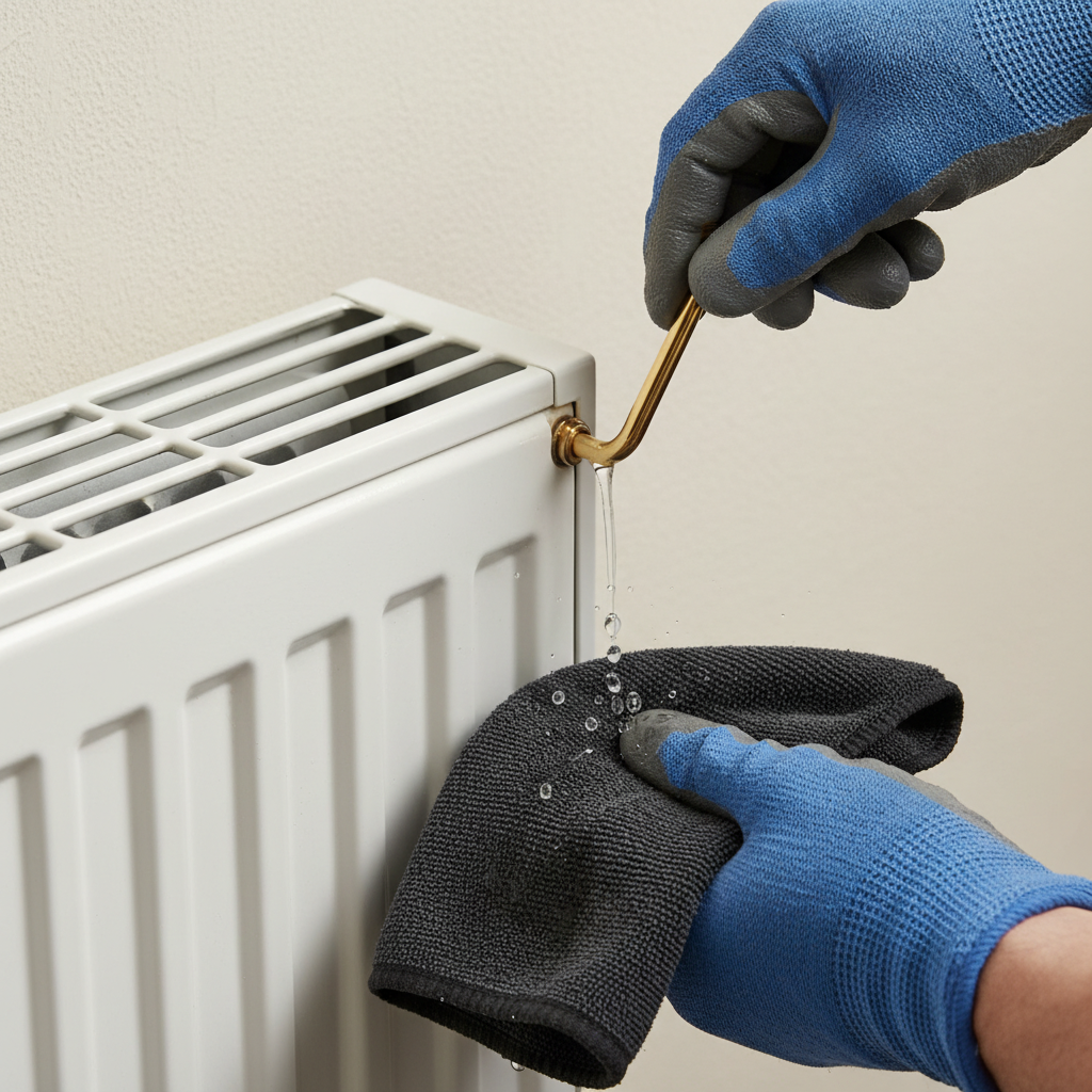 A close-up, slightly angled shot focusing on a pair of hands (optionally wearing work gloves) actively bleeding a white, wall-mounted radiator. A silver or brass radiator bleeding key is inserted into the valve. A small stream of water, accompanied by a few tiny bubbles, is just starting to exit the valve into a dark, absorbent cloth held underneath. The lighting is bright and clean, emphasizing the mechanical action. Realistic professional photo style.