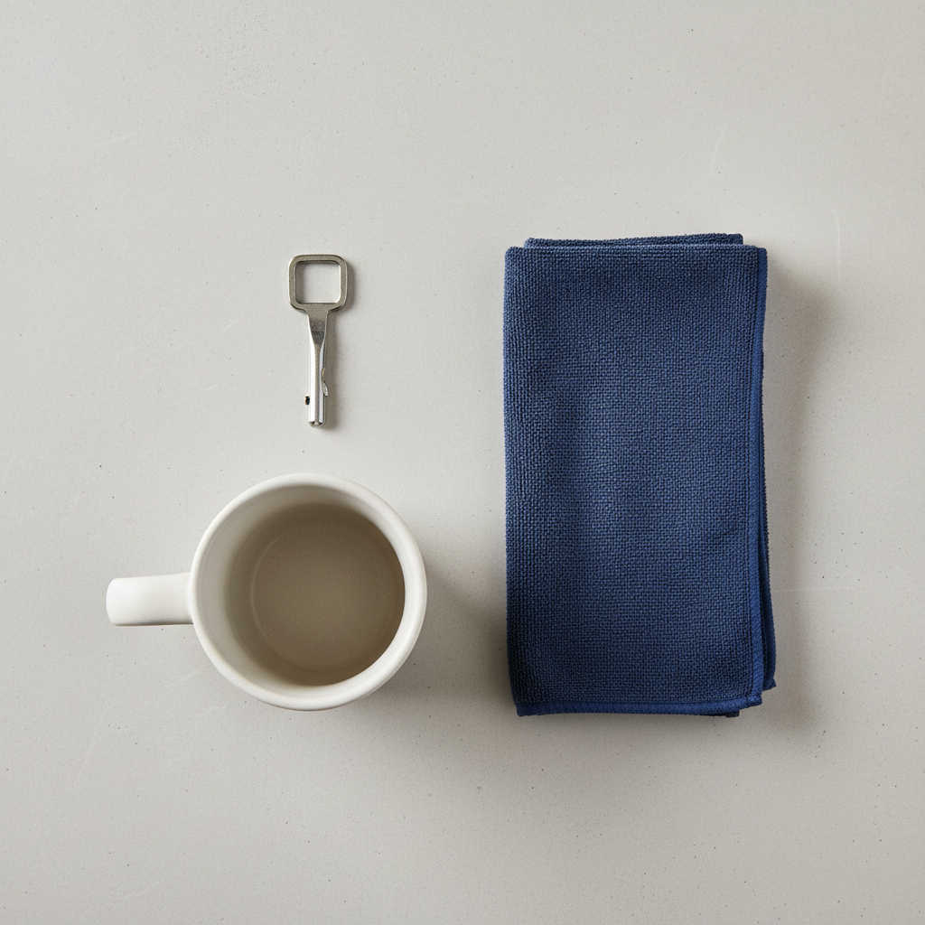 A high-angle, flat lay photograph of the essential tools for bleeding a radiator. Prominently displayed are a metal radiator bleeding key, a neatly folded, dark-colored absorbent cloth, and a small, empty catch basin or container (e.g., a simple ceramic mug). These items are arranged cleanly on a light-colored, uncluttered surface, possibly a wooden table or a plain countertop. The image should be sharp, clear, and well-lit, akin to professional product photography.