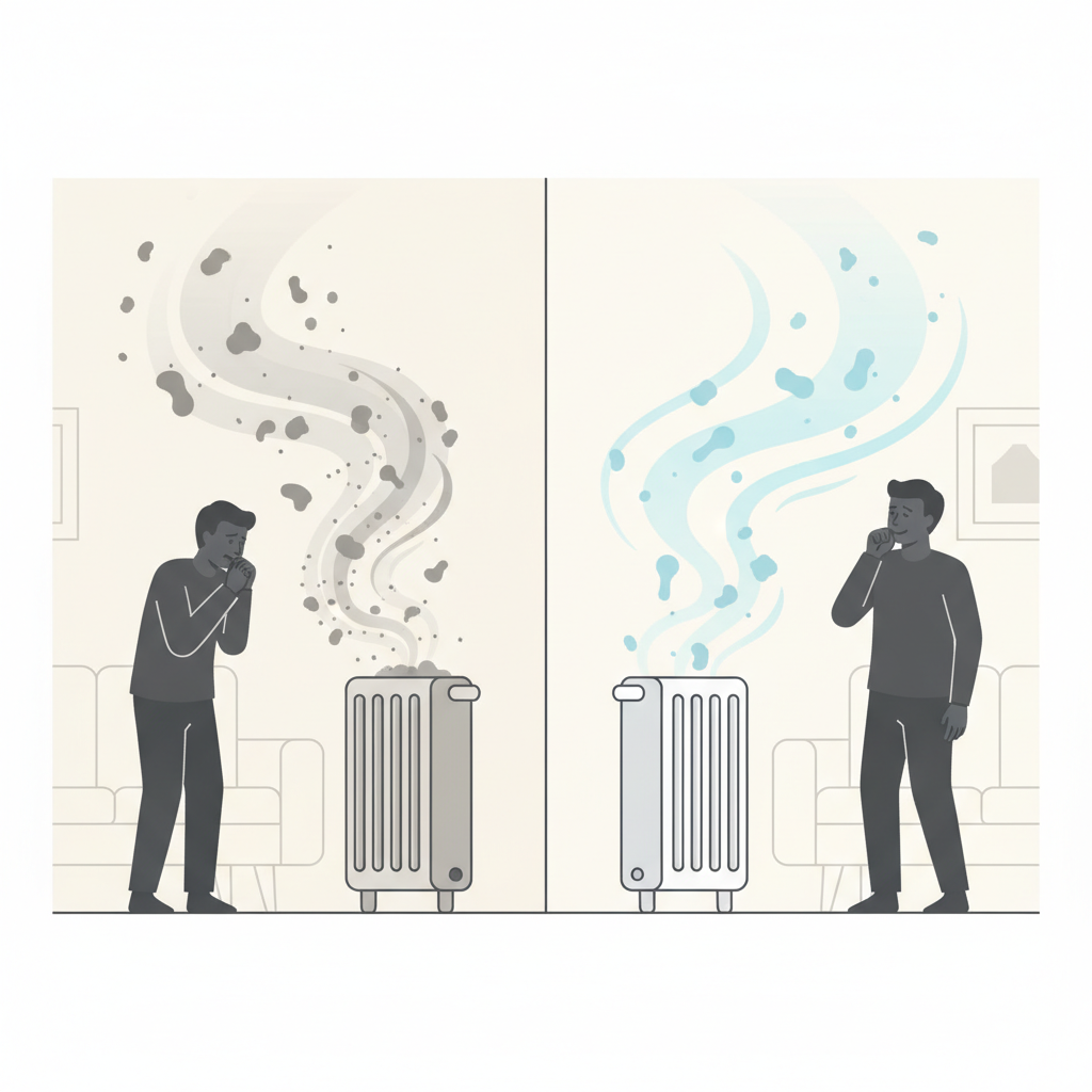 A vibrant, clean flat illustration comparing indoor air quality. On the left, a visibly dusty radiator is shown, with stylized, grey particles (representing dust, allergens, and pollen) actively circulating upwards into the room air, creating a slightly hazy and uninviting atmosphere. A distressed silhouette of a person nearby is shown reacting with a slight cough or discomfort, indicating poor air quality. On the right, the same radiator is immaculately clean, with clear, fresh, blue-tinted air currents gently flowing upwards, creating a pleasant environment. A calm, healthy silhouette of a person is breathing comfortably, signifying improved health and well-being.