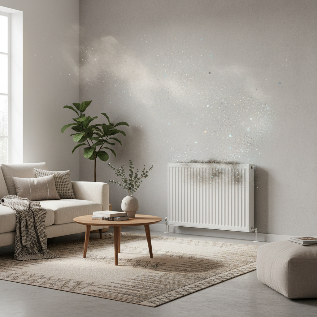 A stylized, professional photo aesthetic depicting a cozy living room scene with a modern panel radiator. The radiator has visible dust and grime settled on its surfaces and between its fins. From and around the dusty radiator, a subtle cloud of abstract, stylized particles – representing dust, house dust mites, and allergens – is gently circulating upwards into the room's air. The particles are discreetly rendered to imply their presence without being overtly distracting, highlighting the impact on air quality. The room itself is otherwise clean and inviting, creating a stark contrast with the hidden issue.